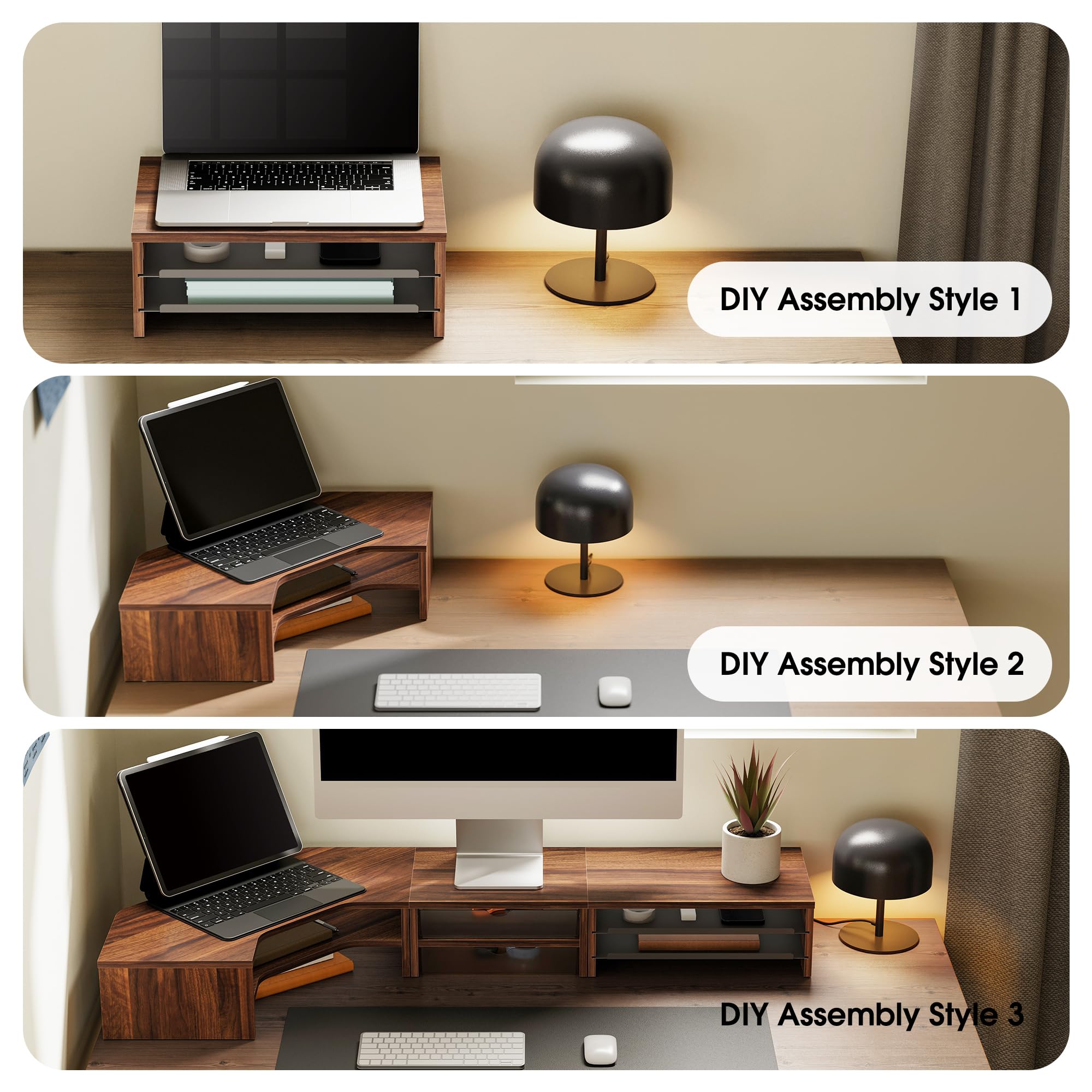 Corner Dual Monitor Stand with Drawer & Storage