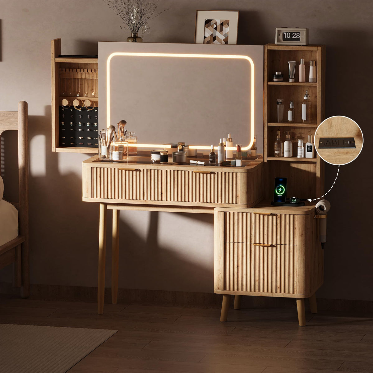 48"Wood Vanity with Clear Glass Top,Large Mirror and Lights,Natural Wood