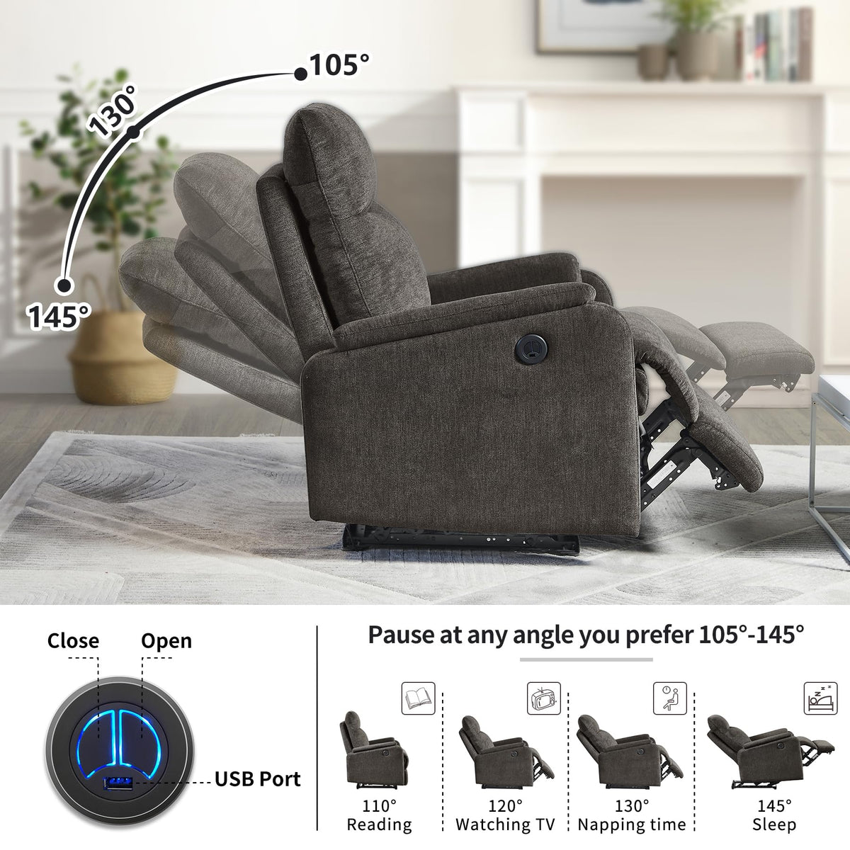 Electric Power Recliner Chair with USB Port, Dark Greyish Brown Fabric Single Sofa for Small Spaces, Ergonomic Lounge Chair with Padded Armrests for Living Room, Bedroom, 30" W x 35.4" D x 39.8" H