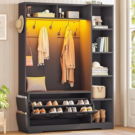 6-in-1 Farmhouse Hall Tree with Bench, Flip Shoe Cabinet, 10 Hooks & LED Lights