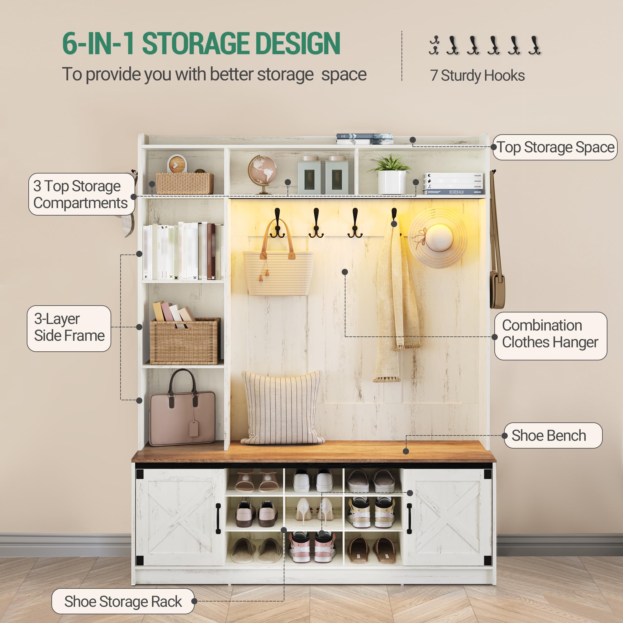LED Farmhouse Hall Tree with Bench & Shoe Storage