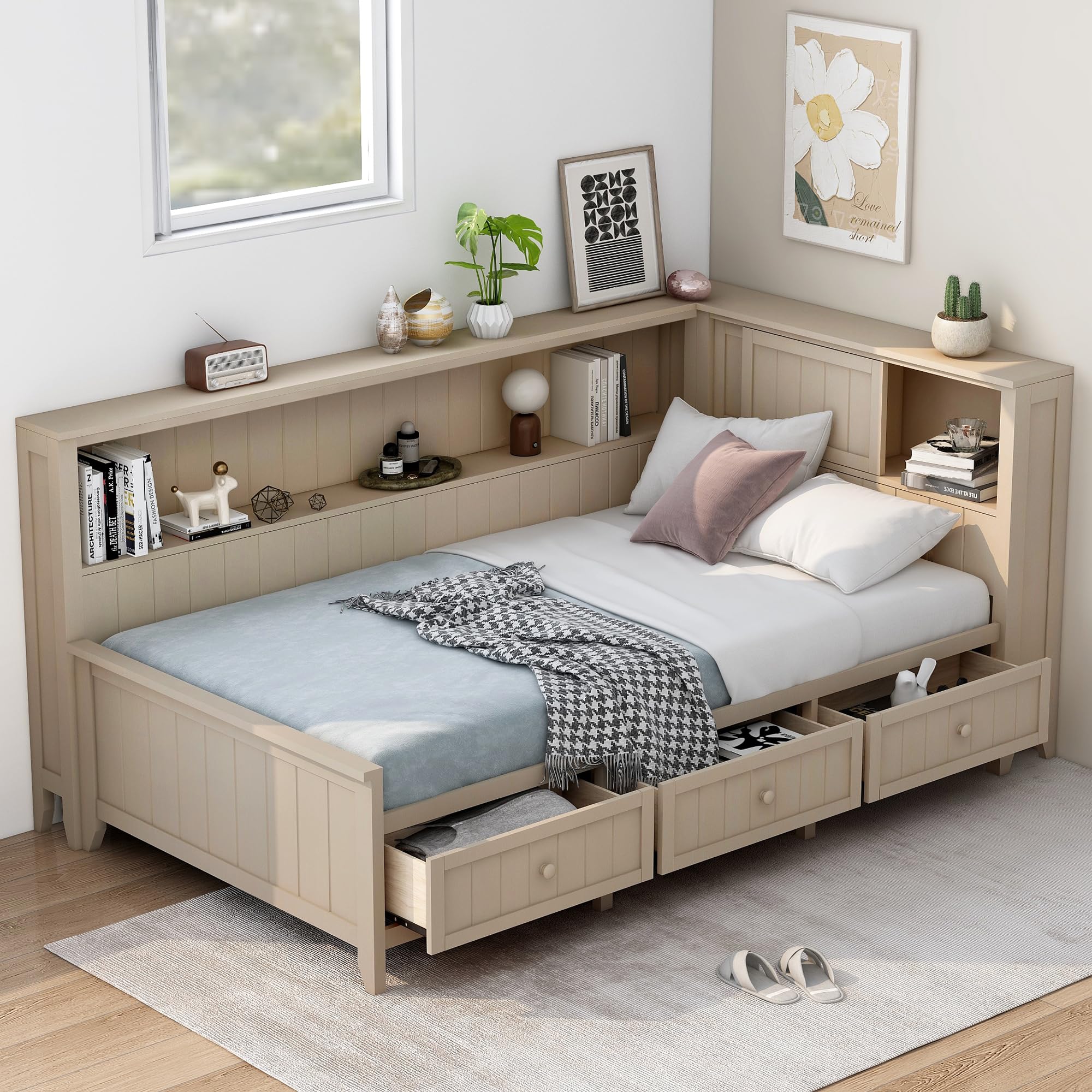 Zeephrog Twin Size Wood Daybed with Trundle and Storage Shelves, Antique White Daybed Frame with Drawers – No Box Spring Needed
