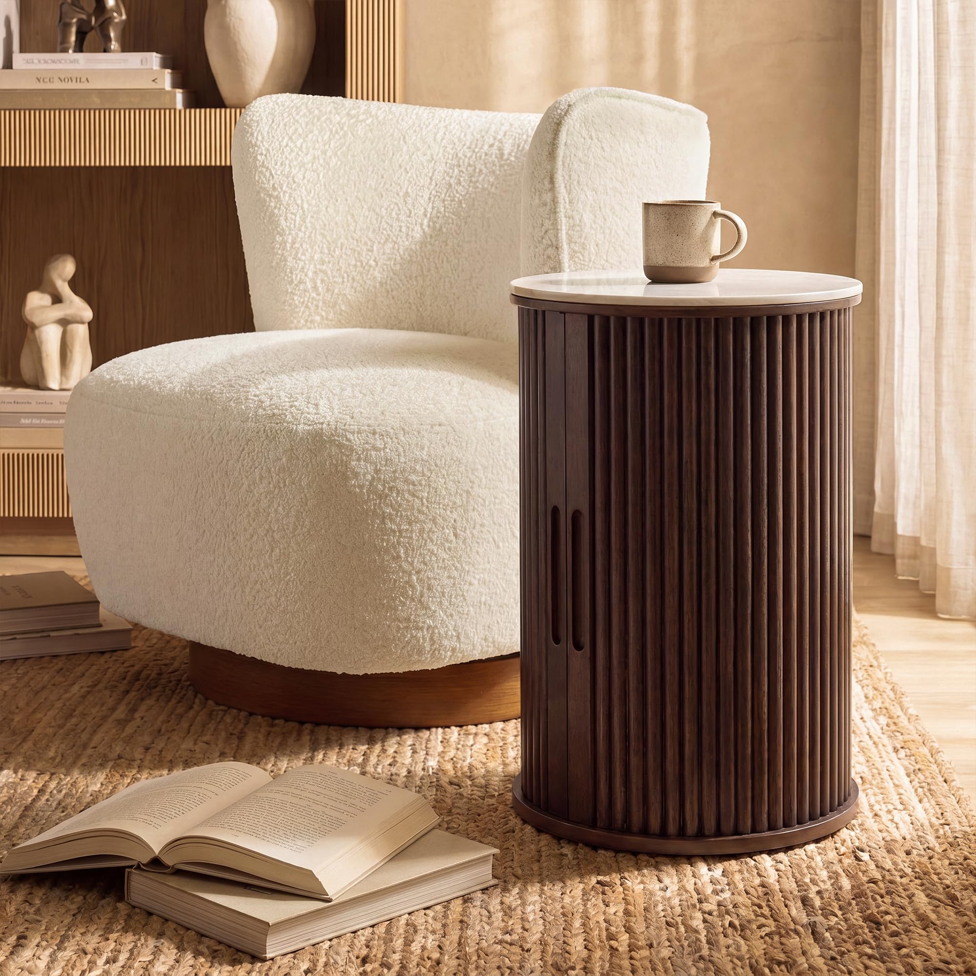 Farati Round Fluted End Table with Storage, Dark Walnut Side Table with White Sintered Stone Top, Sliding Tambour Door Nightstand, 17.4 Inch Small Accent Stand for Living Room Bedroom