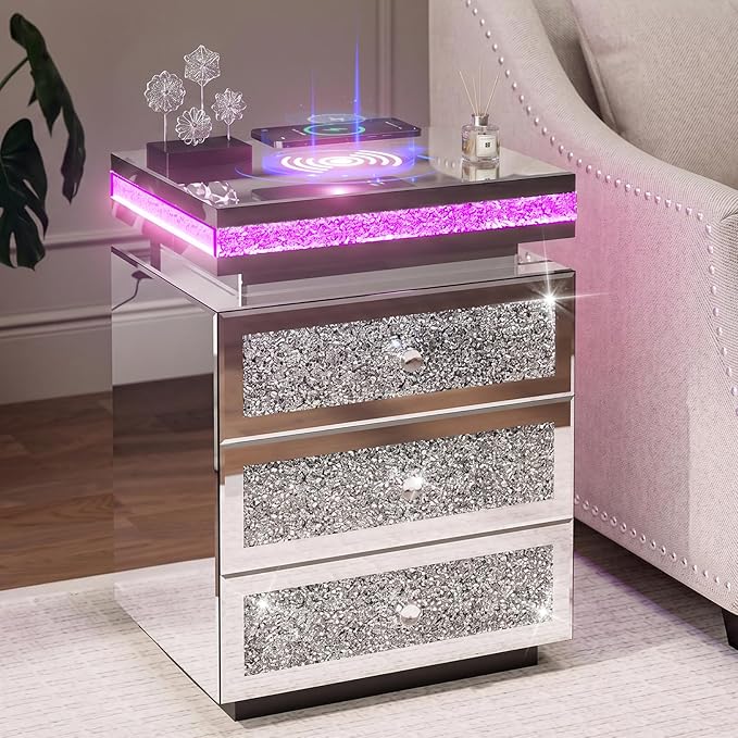 Mirrored LED End Table with Crystal Diamond Inlay