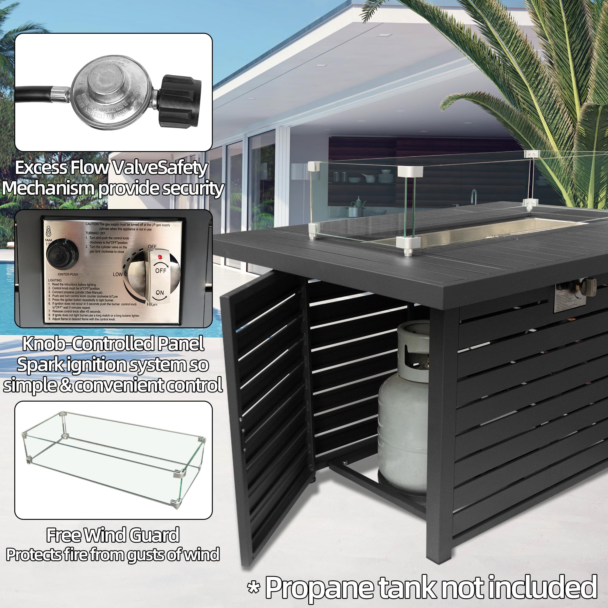 43.3" Propane Fire Pit Table with Lid & Wind Guard