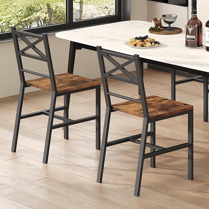 Rustic Dining Chair Set with Metal Frame