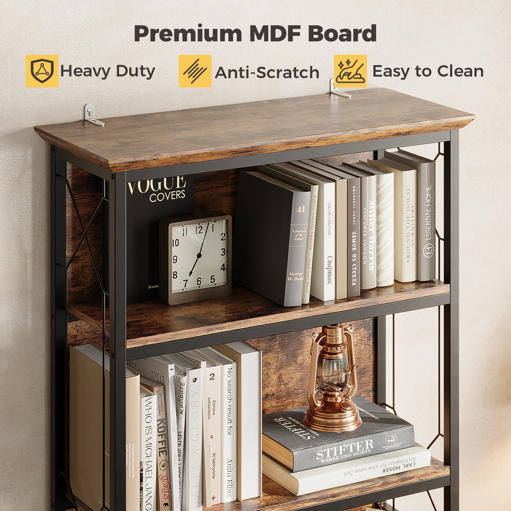 IRONCK 71 Inch Industrial Bookshelf, 5 Tier Tall Bookshelf and Bookcase to Display and Collect, Thicken Wood Rustic Book Shelf with Thicken Metal Frame for Living Room and Bedroom, Rustic Brown