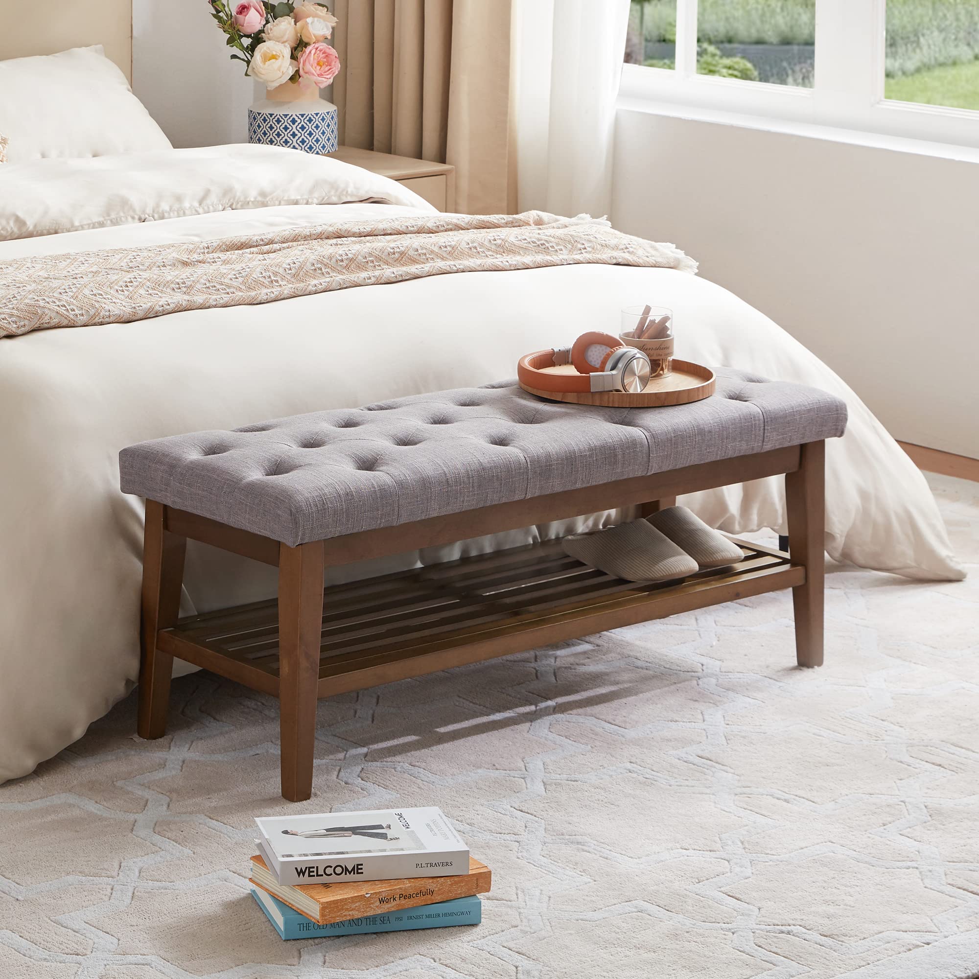 Upholstered Entryway Bench with Solid Wood Frame