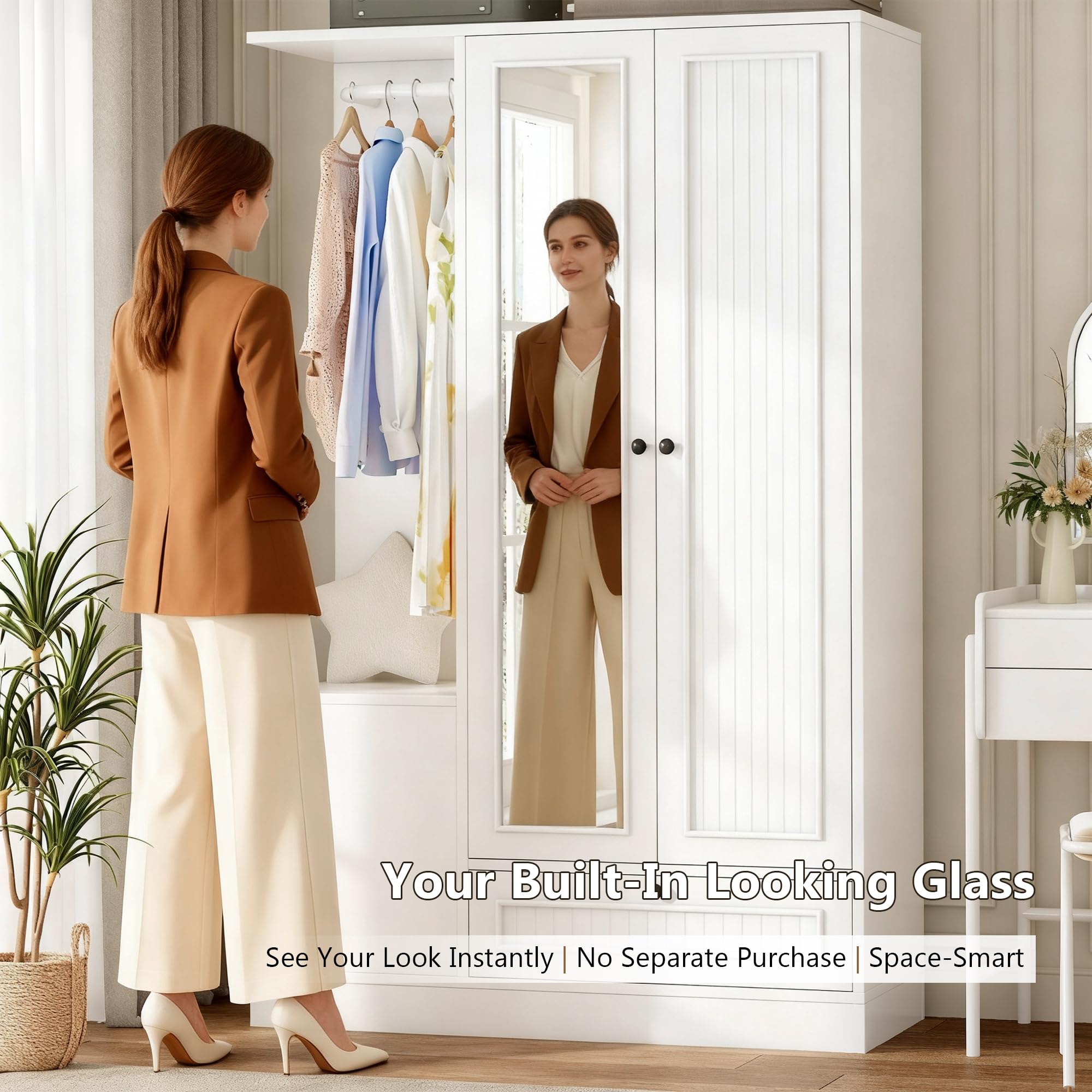 2-Door Wardrobe Closet with Mirror & Drawers