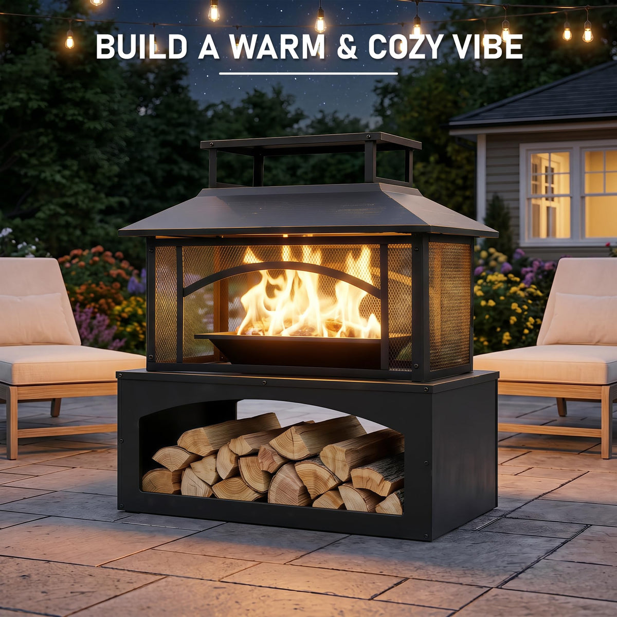 Aoxun 36" Outdoor Fire Pit with Wood Storage, Steel Wood Burning Fireplace with Mesh Spark Screen & Poker, Patio Heater with Removable Ash Pan for Backyard, Garden, Deck