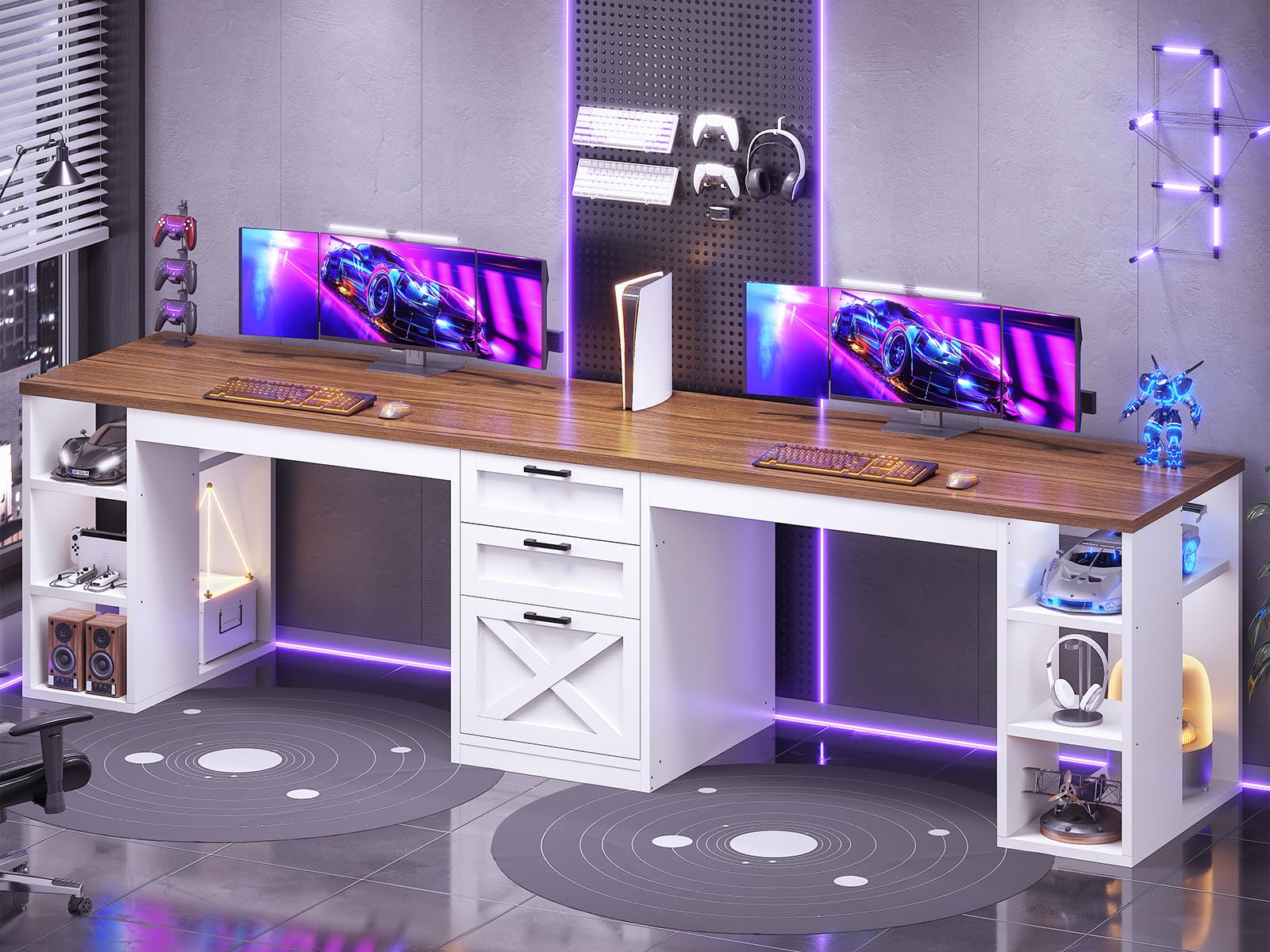 SEDETA Farmhouse 96.5" Computer Desk with Drawers, 2 Person Home Office Desk, Gaming Double Desk with Storage Shelves, Long Two Person Writing Desk (White and Brown)