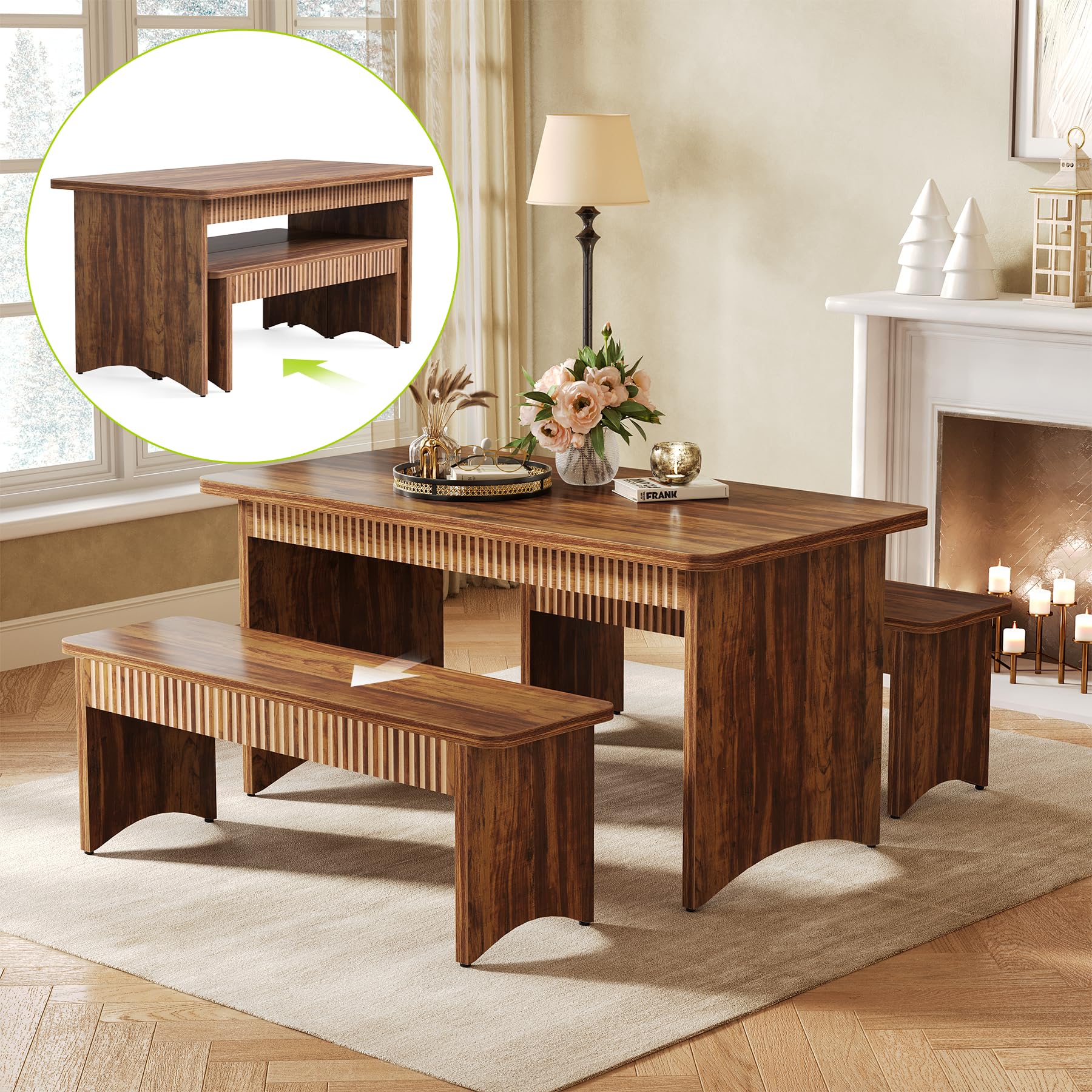Farmhouse Dining Table Set with 2 Benches