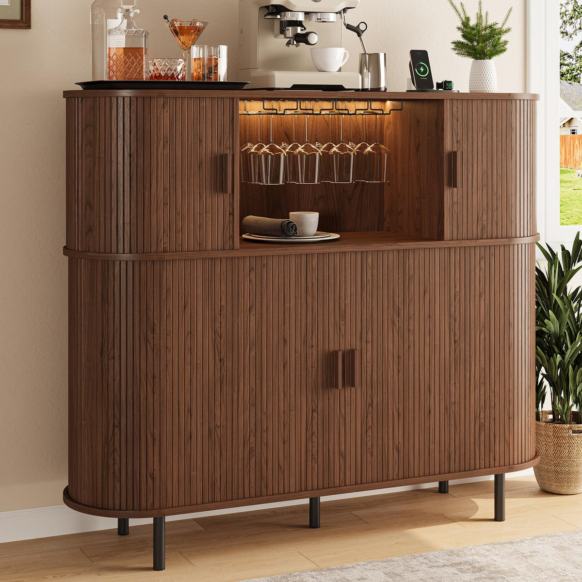 Fluted Bar Cabinet with LED Lights and Outlets