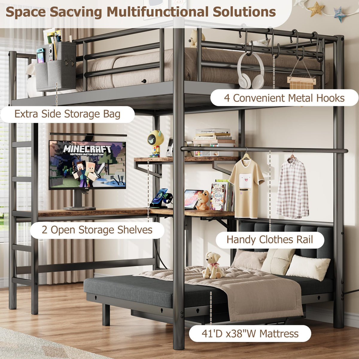 Jocoevol Twin Loft Bed with Desk and Mattress, Metal Bunk Bed Frame, Black