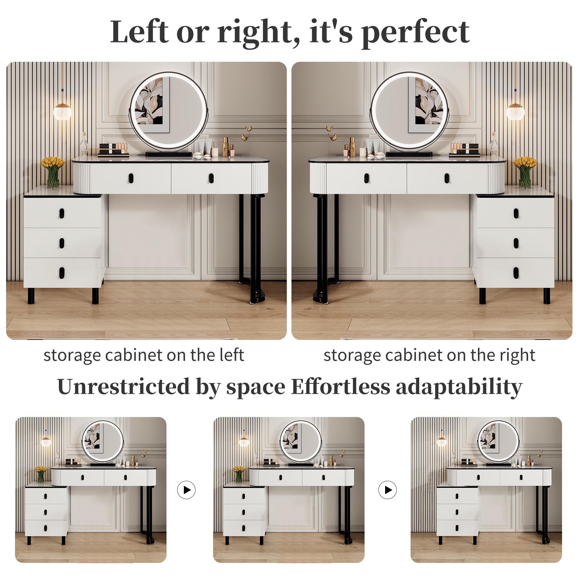 KDCAS Small Makeup Vanity Desk with Mirror and LED Lights | Modern Fluted Vanity Table with Drawers and Reversible Adjustable Side Cabinet (39.37"–51.2") | Space-Saving White Vanity Desk for Bedroom