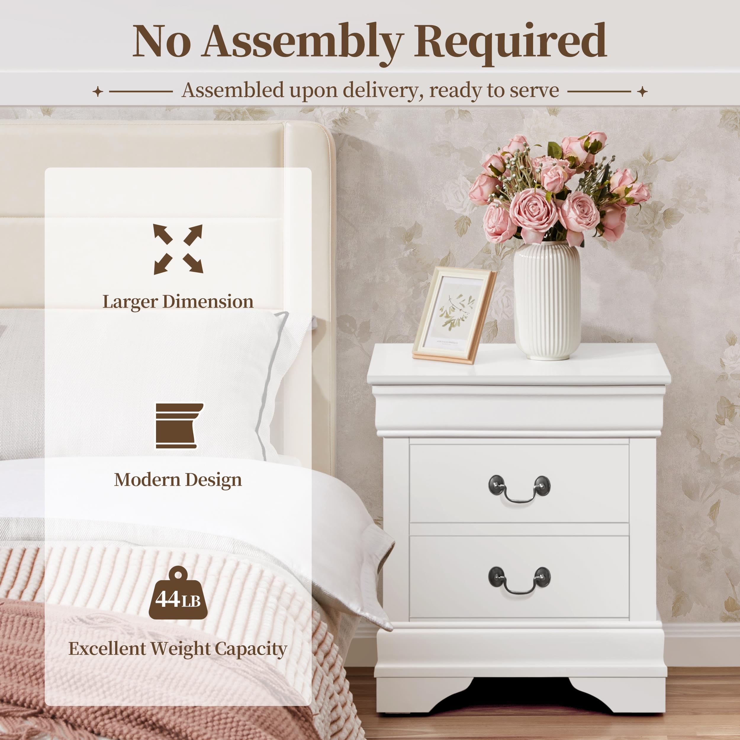 Yaheetech Fully-Assembled Nightstands Set of 2, 2-Drawer Nightstands Large Classic Bedside Tables with Storage, Wooden Painted Storage Cabinet, 21.5" L×16" W×24.5" H, White