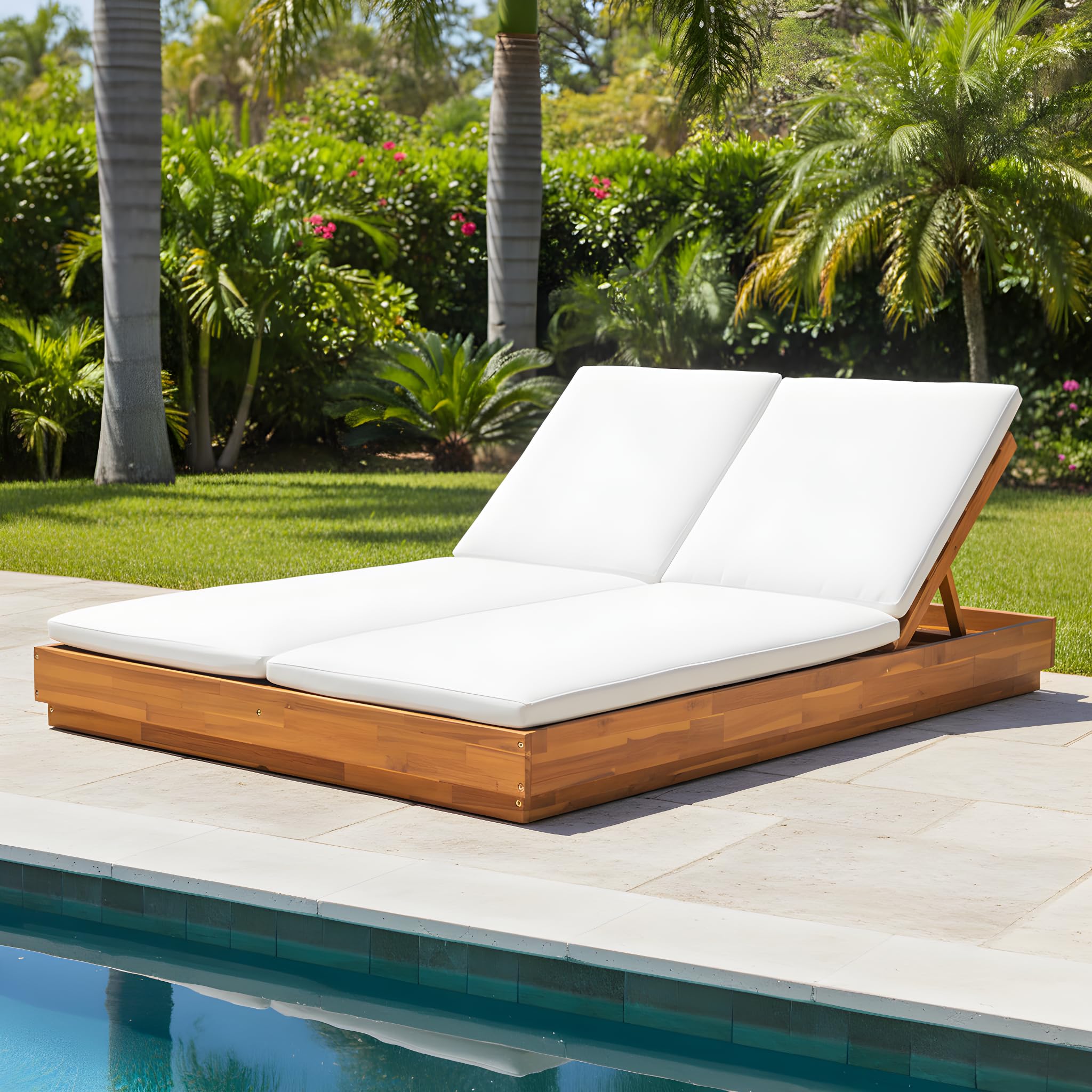 Double Outdoor Chaise Lounge with Cushion & Adjustable Backrest