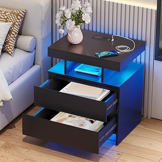 LED Nightstand with Charging Station & 2 Drawers