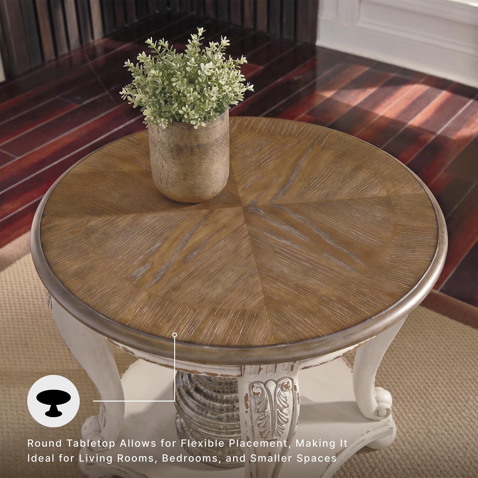 Signature Design by Ashley Realyn Round End Table, Cottage-Style Side Table with Antiqued Two-Tone Finish, Wood & Veneer Construction for Living Room or Bedroom, White/Brown