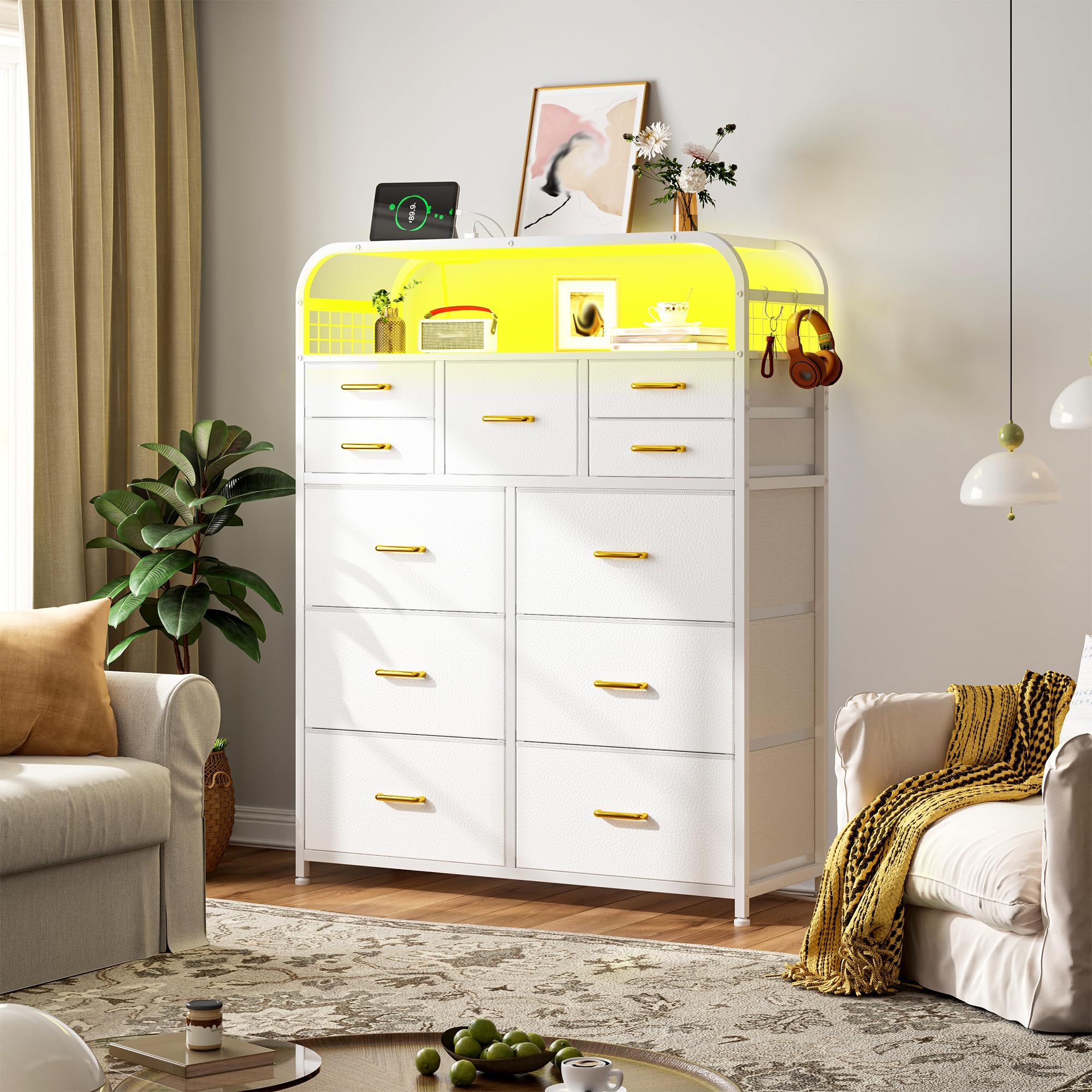 EnHomee 47" H Dressers & Chests of Drawers with LED Lights & Charging Station, Dresser for Bedroom with 11 Fabric Drawers & 4 Hooks & Open Shelves, Entryway, Hallway, Dorm White