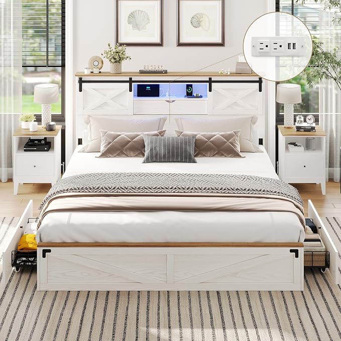 King Farmhouse Storage Bed with LED Lights