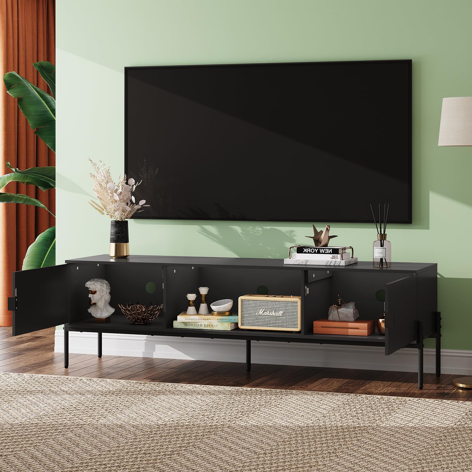 WLIVE 58" TV Stand for 65 Inch TVs, Mid Century Modern Entertainment Center with 2 Storage Cabinets & Open Shelf, Media Console Table with Metal Legs for Living Room, Bedroom, Black