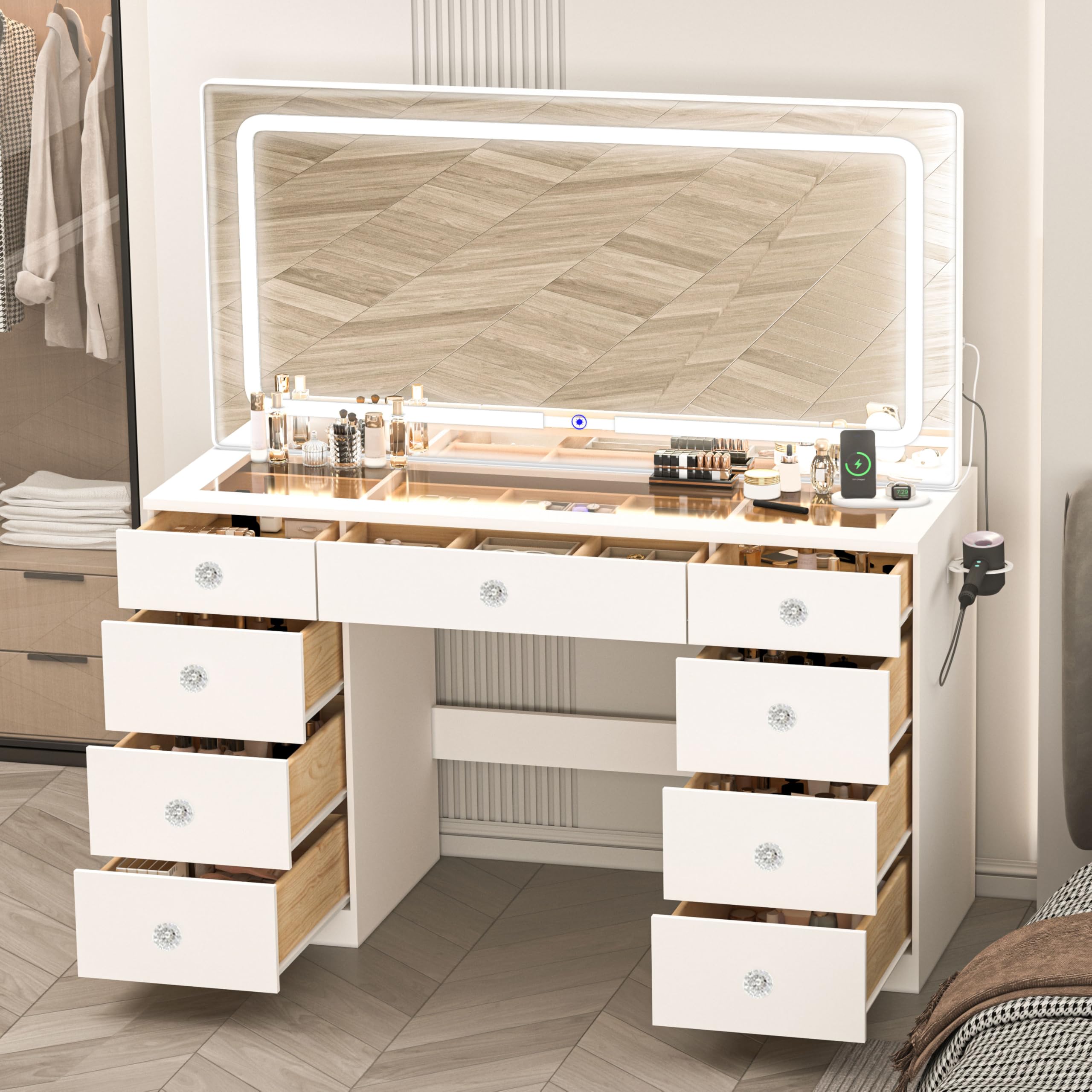 JassmiPkwy 46 INCH Makeup Vanity Desk with Mirror - Glass Tabletop Vanity Table with Lights, Drawers, Power Outlet, Large Storage Desk for Bedroom, White