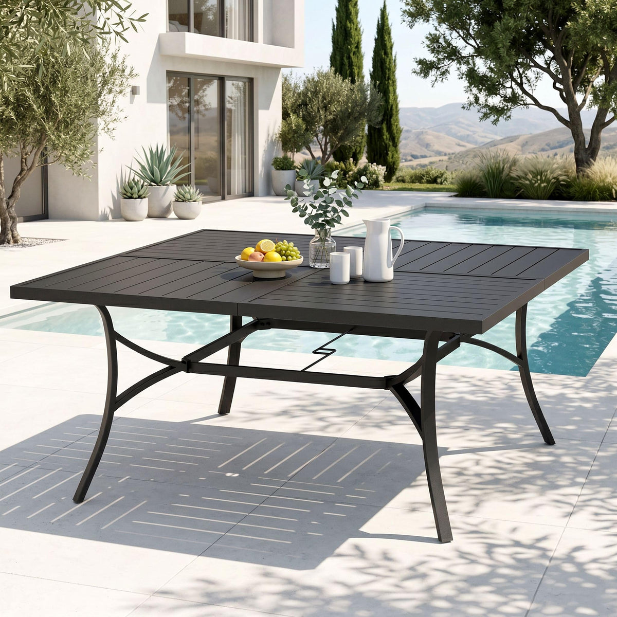 PHI VILLA Square Patio Table for 8, 60“ Metal Table w/Umbrella Hole