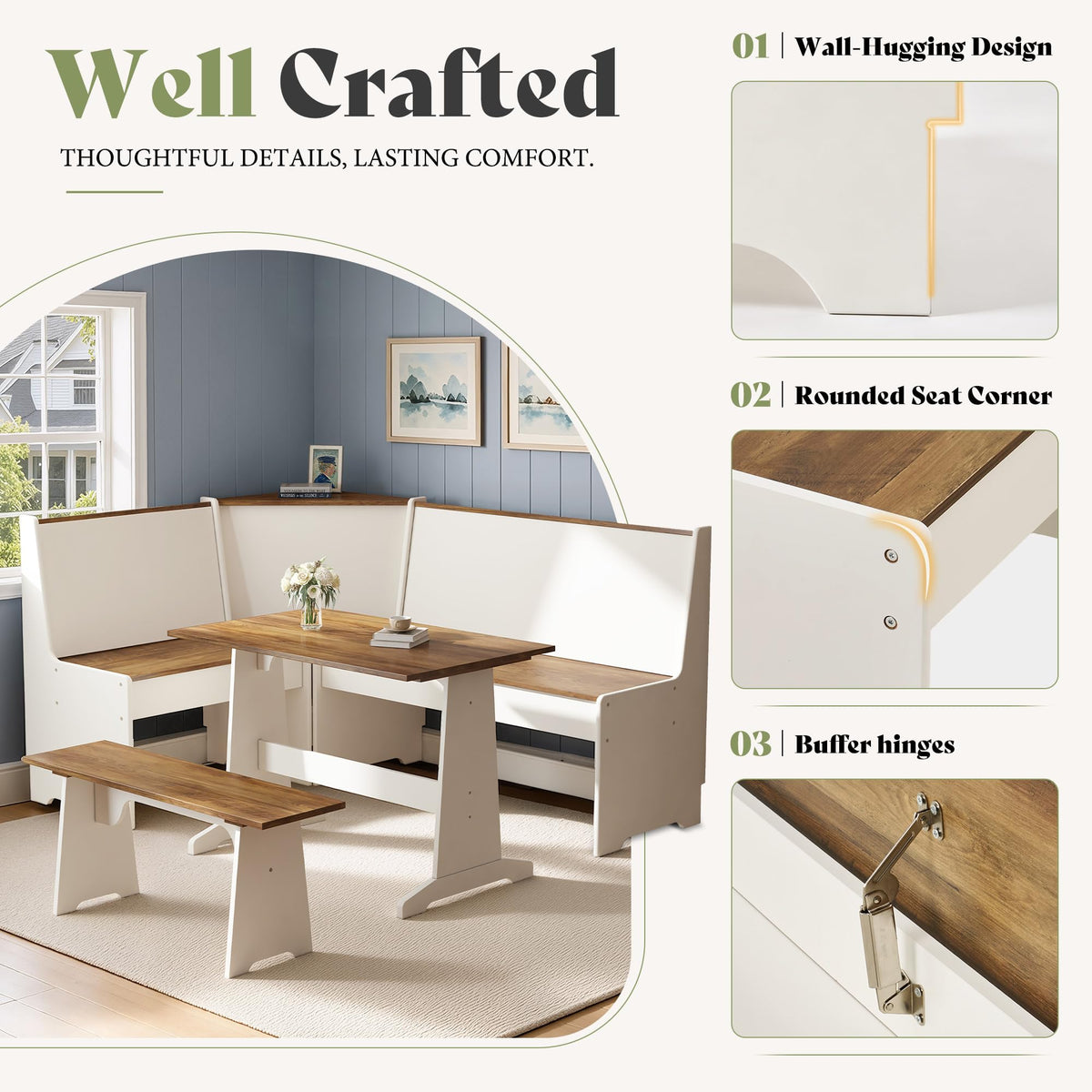 AMERLIFE 3-Piece Corner Dining Set with Hidden Storage, White & Barnwood