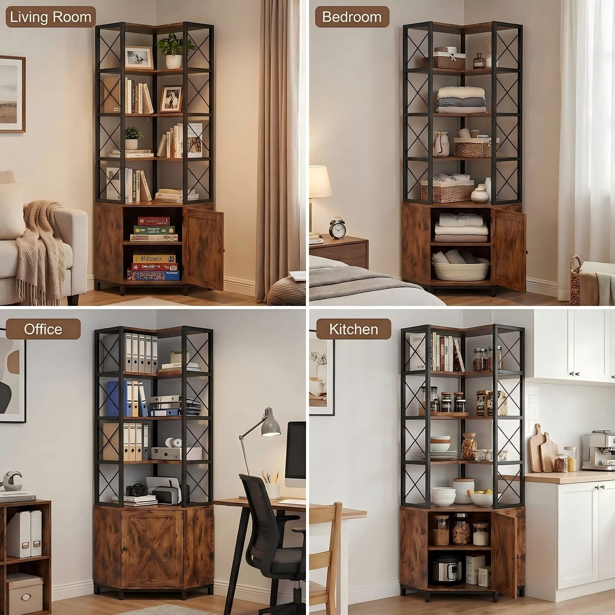 IRONCK Corner Bookshelf with 5-Tier Open Shelves, 77.9" Tall L-Shaped Bookcase with Enclosed Cabinet, Adjustable Feet, Anti-Tip Device, Walnut
