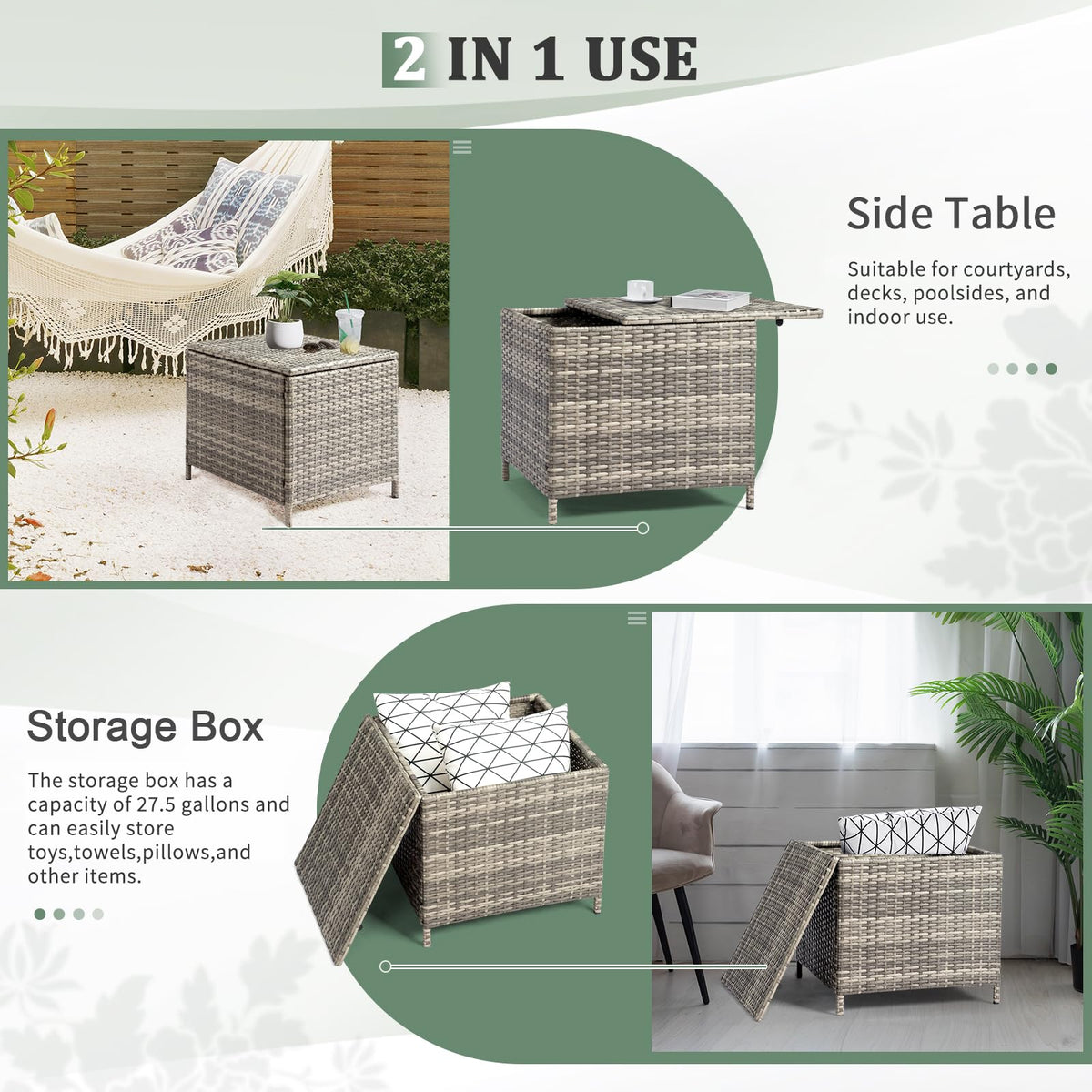 VINGLI 27 Gallon Outdoor Deck Box, Wicker Outdoor Storage Box with Lid, Small Storage Bin Container for Outside and Patio, Patio Rattan Side Table for Yard Porch (Grey, Square)