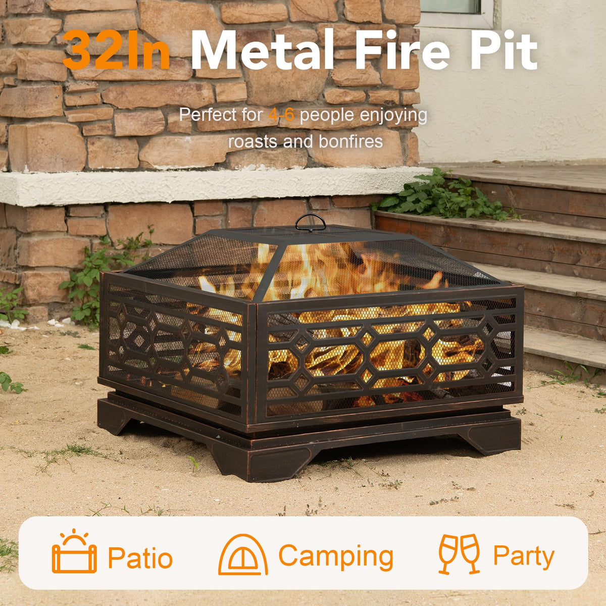 32 Inch Outdoor Fire Pit, Wood Burning Outside Fireplace with Mesh Cover