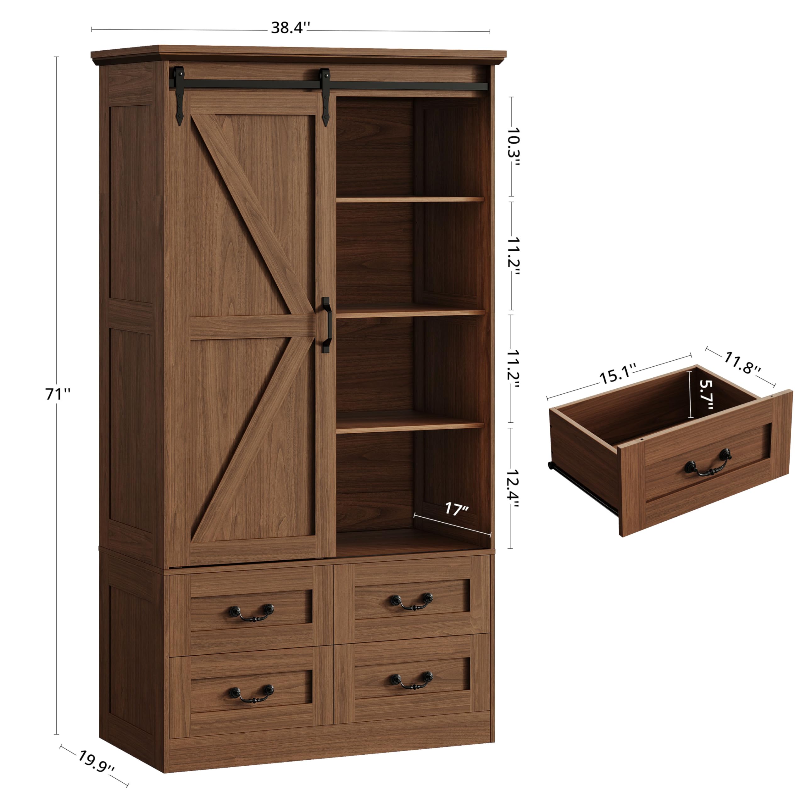 IRONCK Armoire Wardrobe Closet with 4 Drawers,71" Wardrobe Cabinet with Sliding Barn Doors, Tall Clothing Storage Cabinet with Hanging Rod and Shelves for Bedroom,Walnut