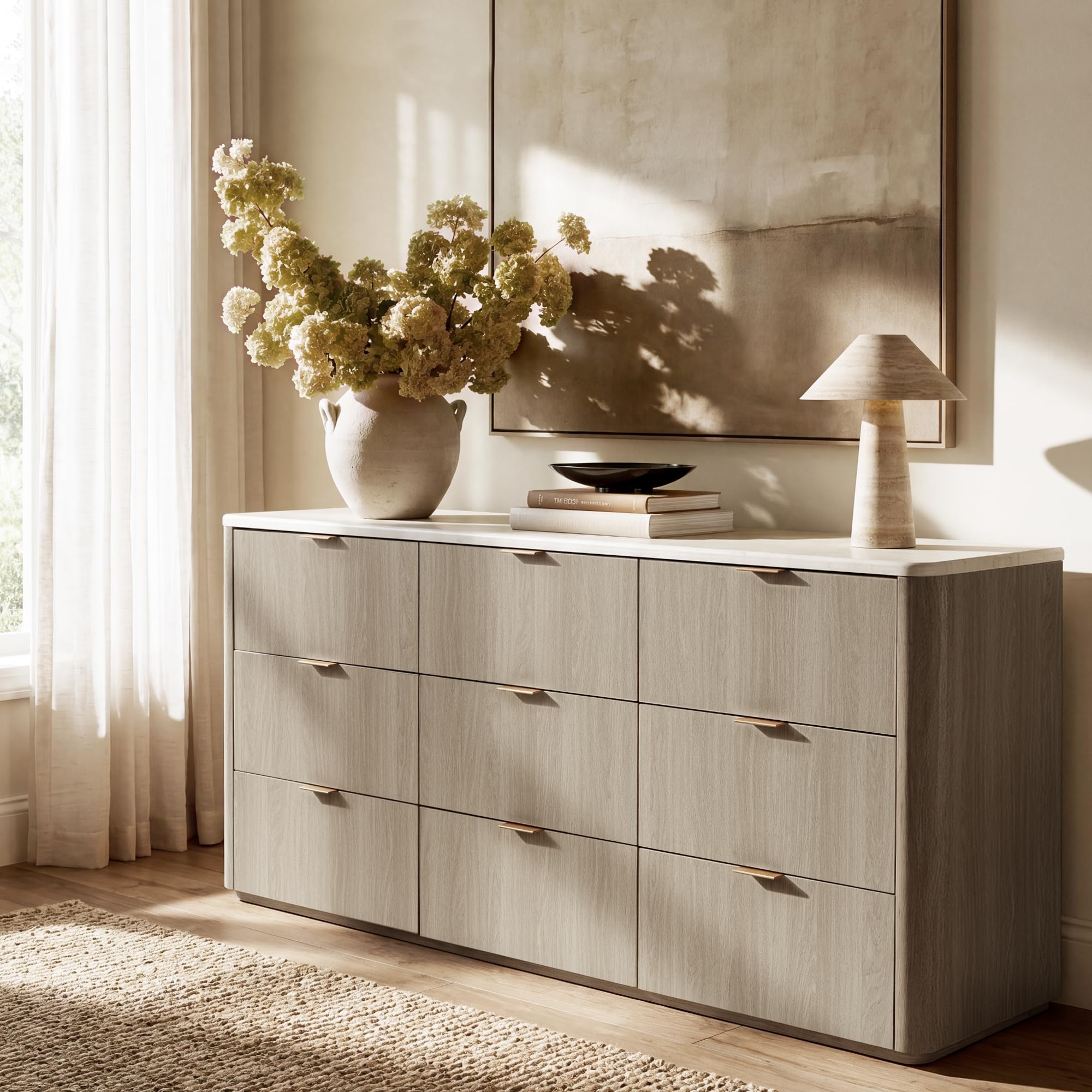 ModernMate 9 Drawer Dresser for Bedroom, 63" Wide Dresser with Faux Travertine Texture Top & Smooth Glide Drawers, Large Clothes Dressers for Bedroom Storage, Modern Tall Chest of Drawers, Grey