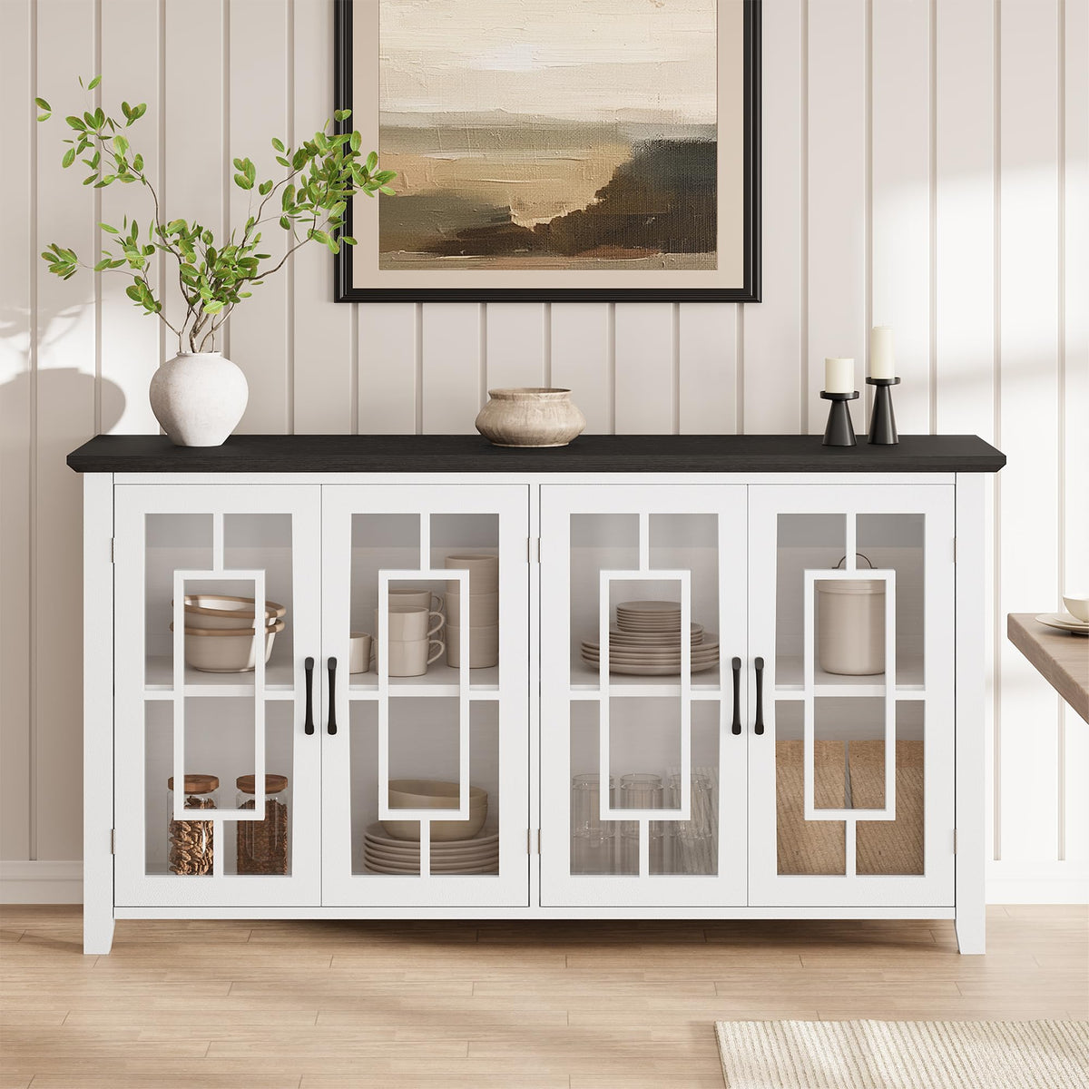 Garvee 63" Sideboard Buffet Cabinet with Storage and 4 Tempered Glass Doors