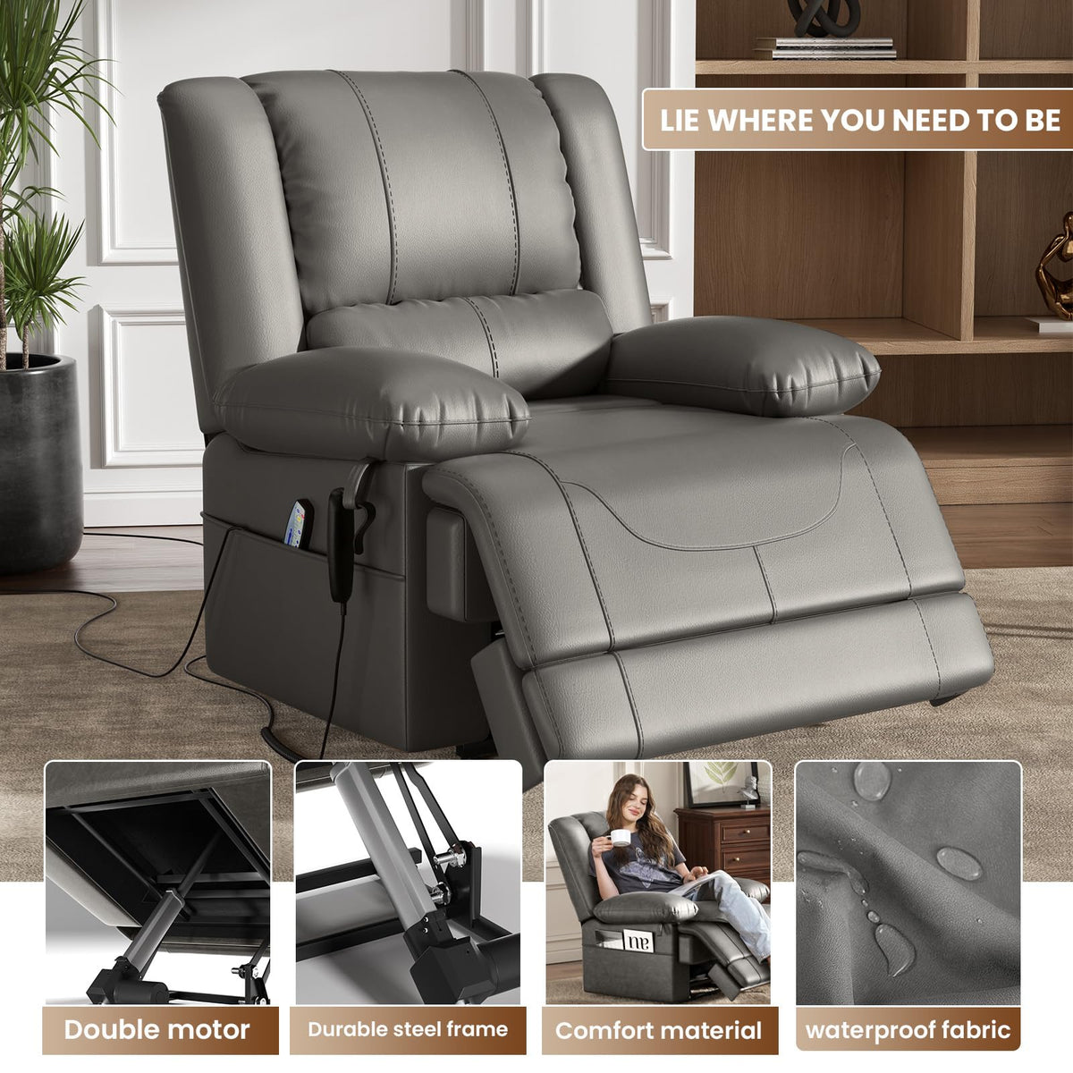 Couchus Large Dual Motor Power Lift Recliner Chair (Gray)
