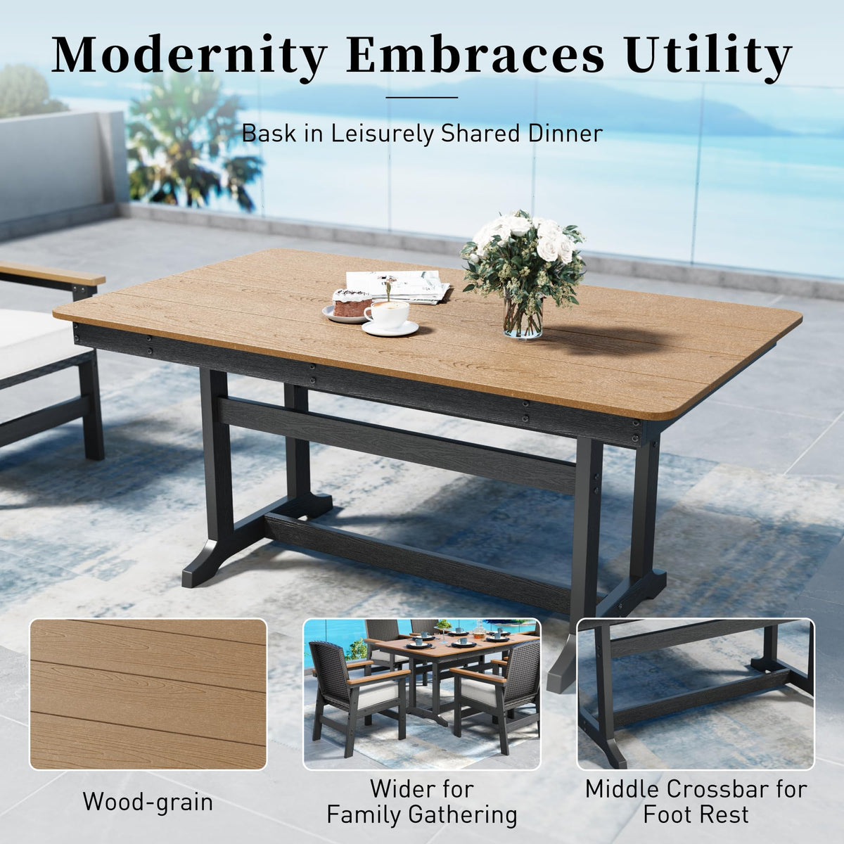 SUNSHINE VALLEY 7pc Patio Dining Set, HDPE 64" Table & 6 Chairs