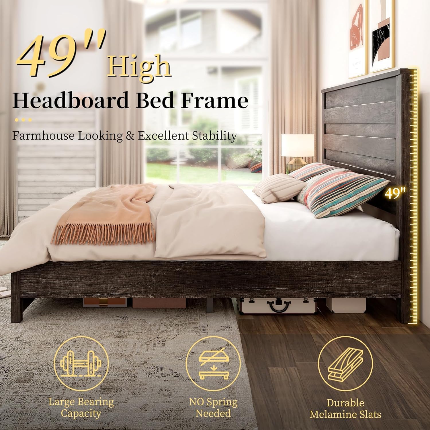 LUXOAK 3 Pcs Bedroom Furniture Sets,Includes Farmhouse King Size Bed Frame with 49" Tall Headboard and Nightstand Sets of 2 with Charging Station, Slated Handles & Stainless Steel Feet, Rustic Grey