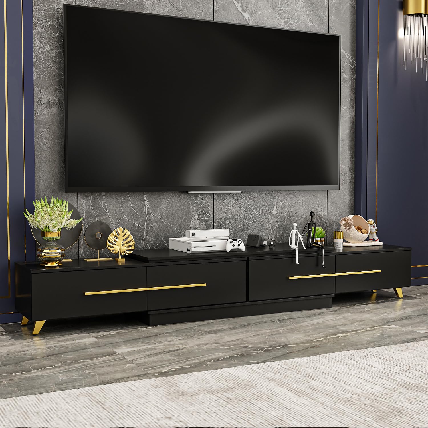 AIEGLE Deformable TV Console in Stretch of 95"-134", Modern Extendable TV Stand with 4 Drawers for TVs up to 120", Wood Media Gaming Entertainment Center Stand, Black