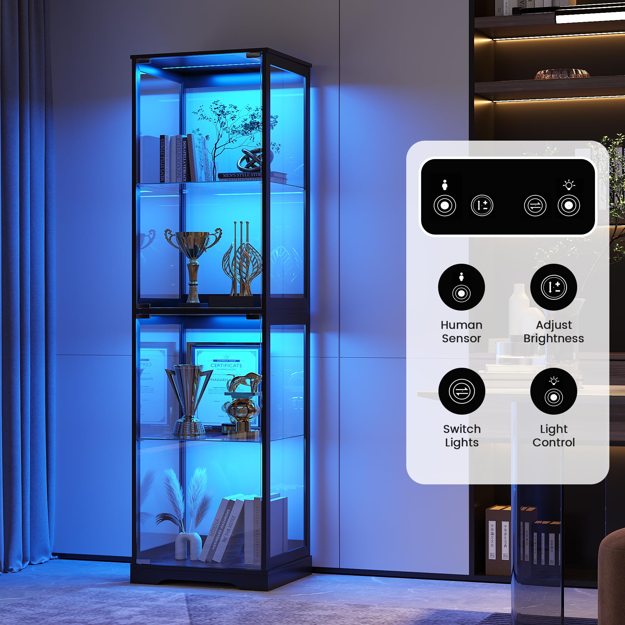4-Tier Glass Display Cabinet with LED Lights