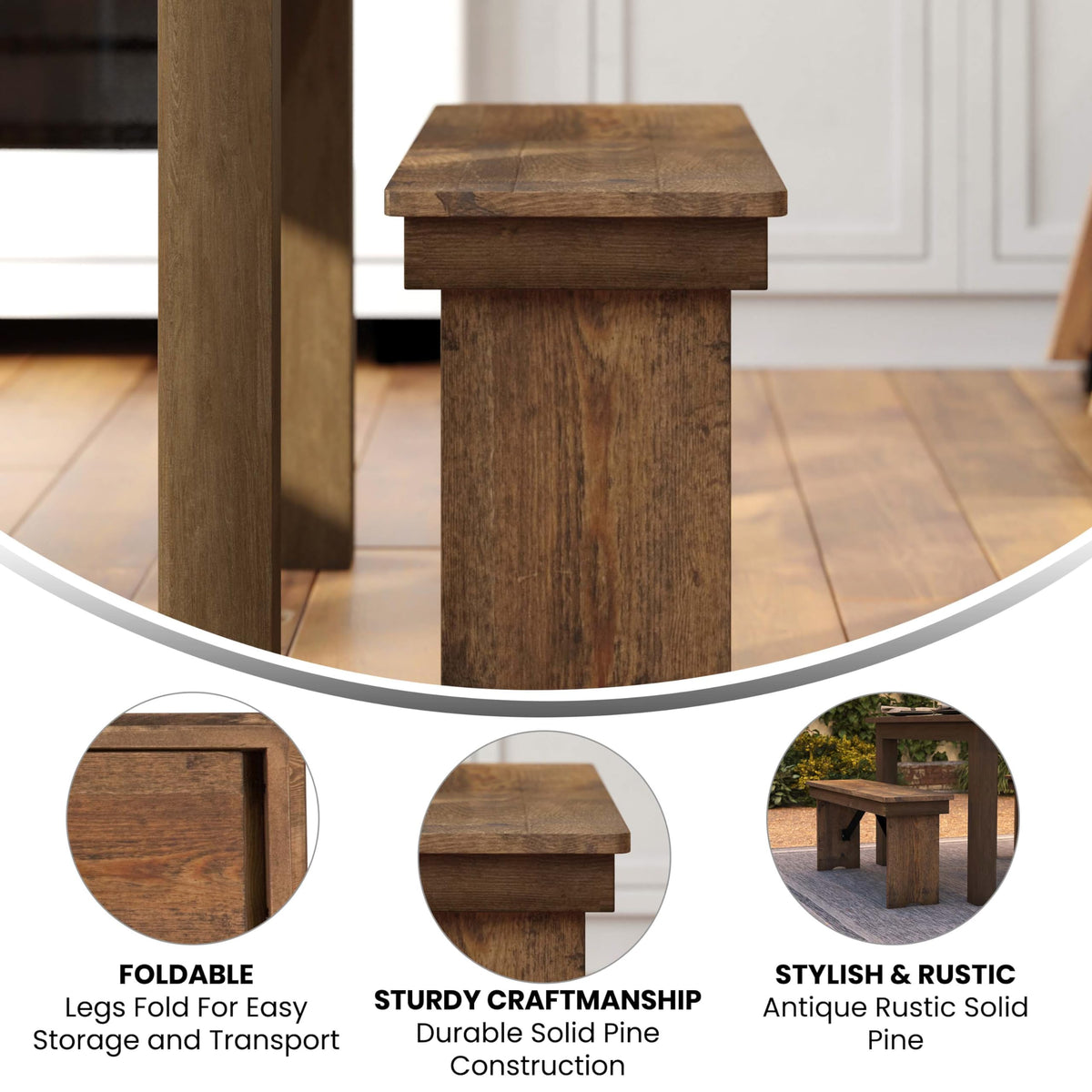 Rustic Pine Folding Dining Bench
