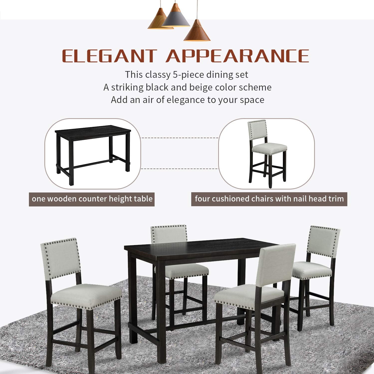 5-Piece Counter Height Dining Set with Faux Marble Table & Upholstered Chairs