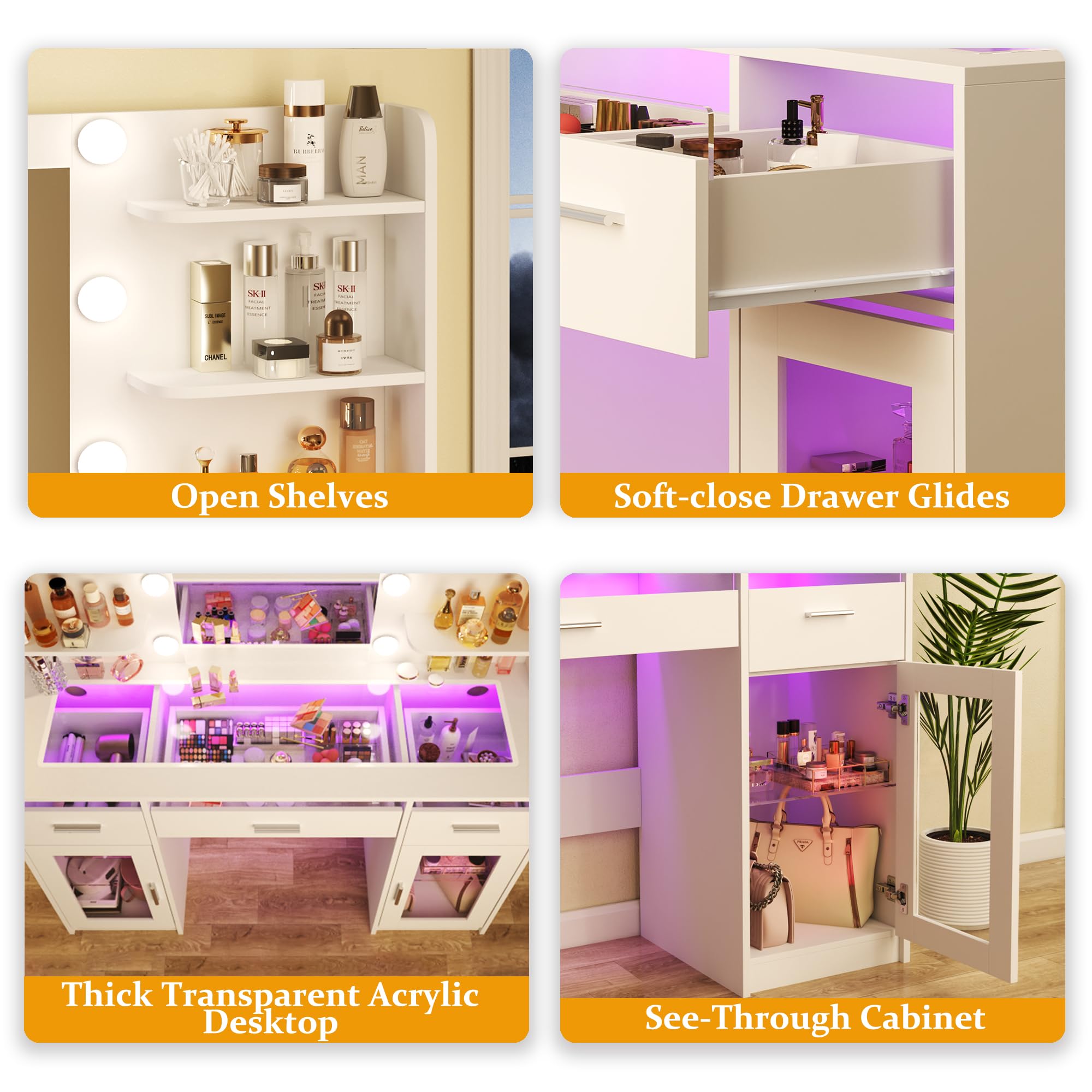 HUAHUU Vanity Desk, Makeup Vanity Desk with Mirror and Lights 3 Colors, Transparent Top with 3 RGB Drawers, 6 Shelves, 2 Large Tempered Cabinets, Power Outlet, for Bedroom, White