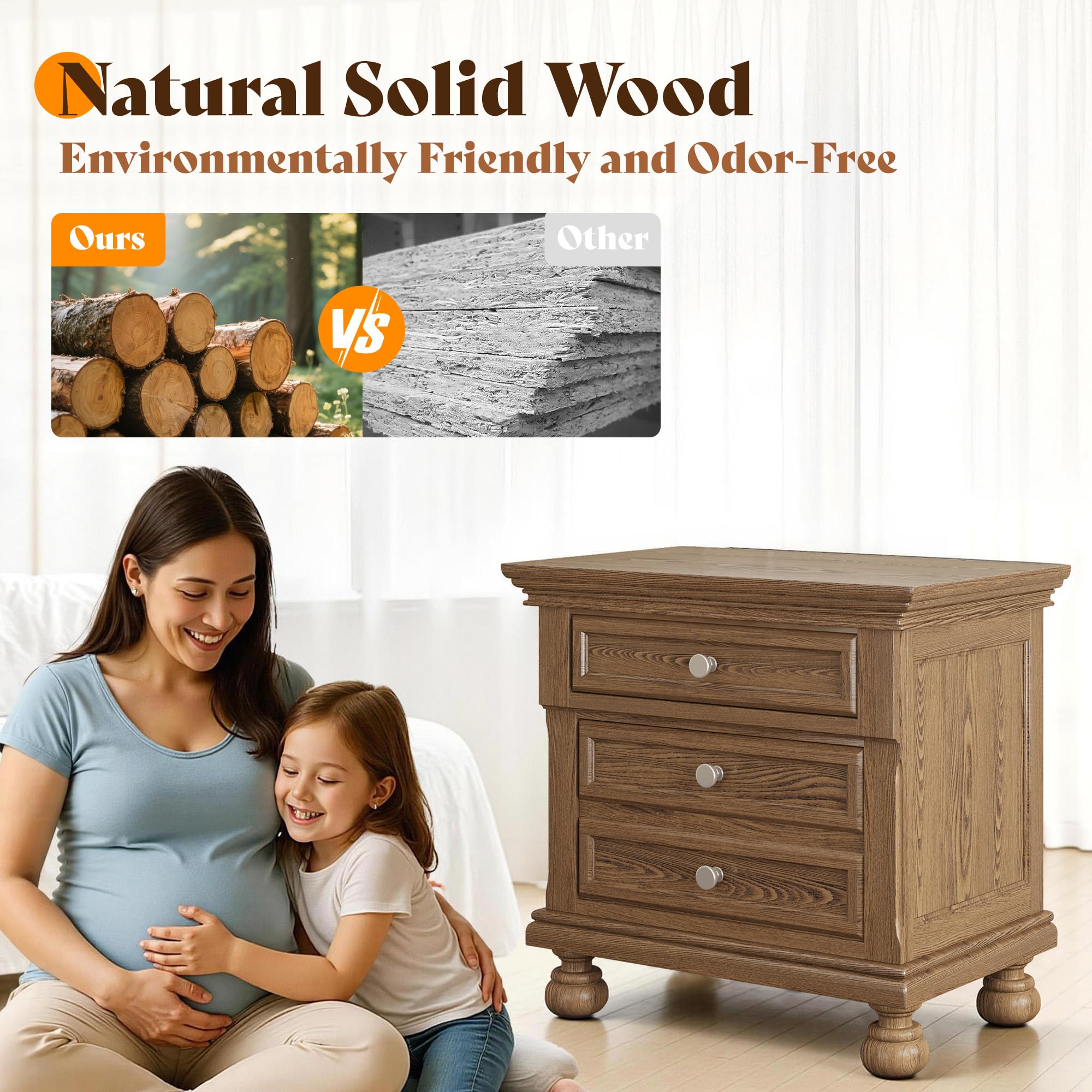 AMERLIFE Solid Wood 3 Piece Bedroom Set Including 65.2" High Queen Bed Frame, Fully Assembled Nightstands Set of 2 with 2 Storage Drawers for Bedroom, Light Brown