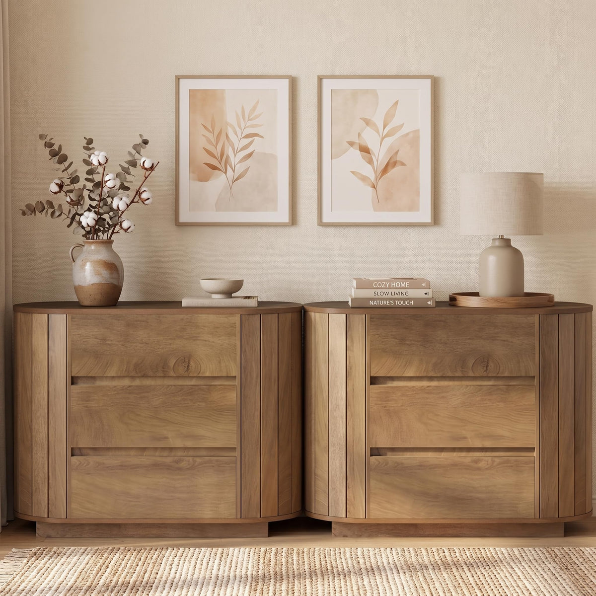 Oak 3-Drawer Nightstand Set of 2