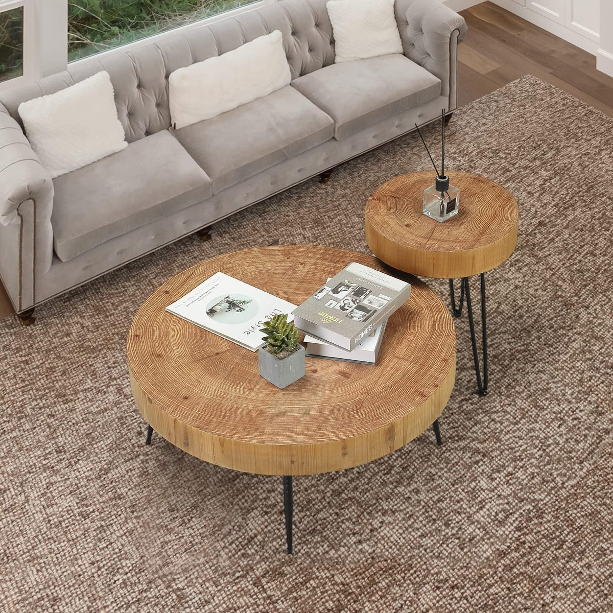 RUSTOWN Farmhouse Round Coffee Table Set of 2, Cocktail Table Sets