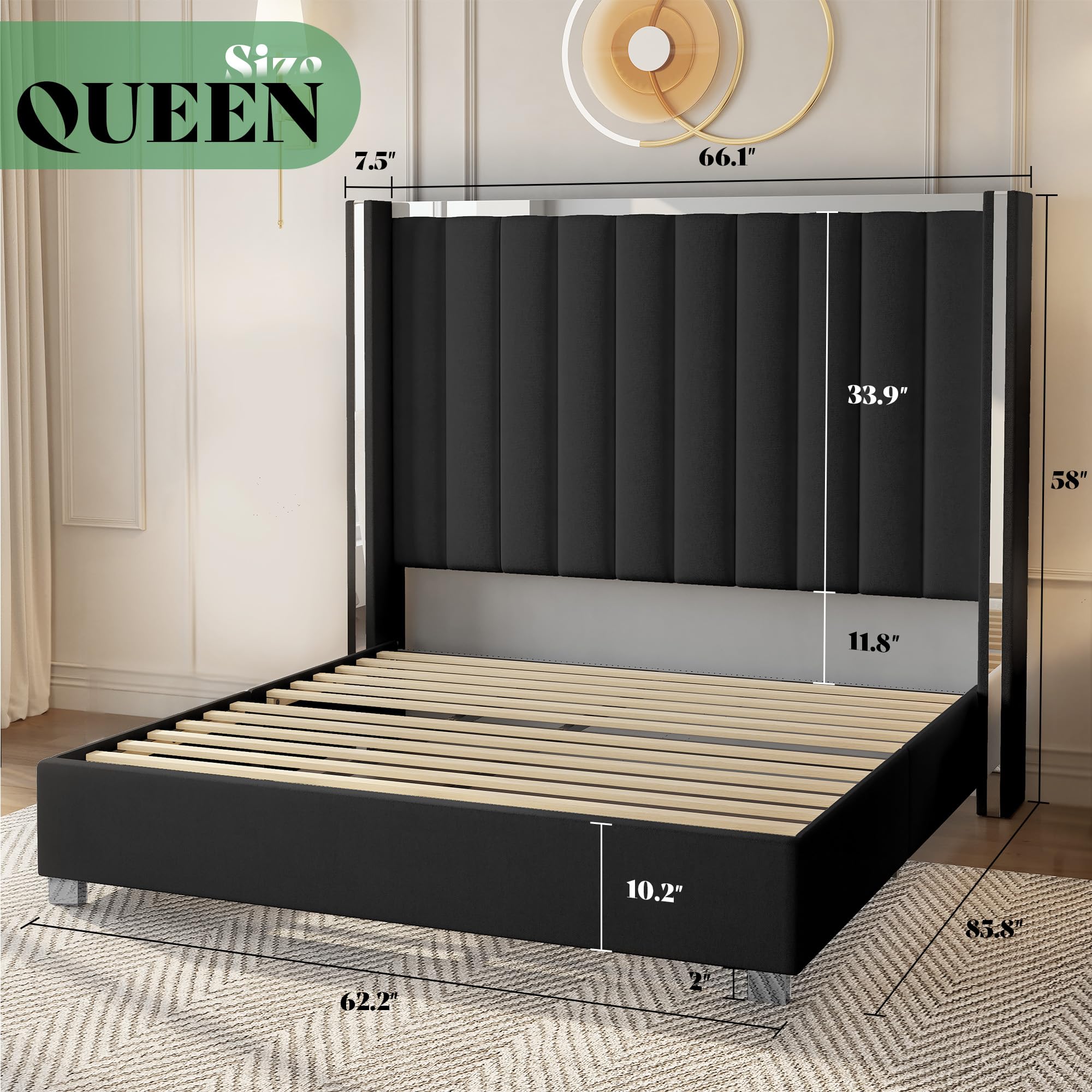 AMERLIFE 5-Piece Modern Bedroom Sets with Queen Size Upholstered Platform Bed Frame, 58" Wingback Headboard, Spacious 6-Drawer Dresser, Tall Chest, and 2 Coordinated Nightstands, Black and Grey