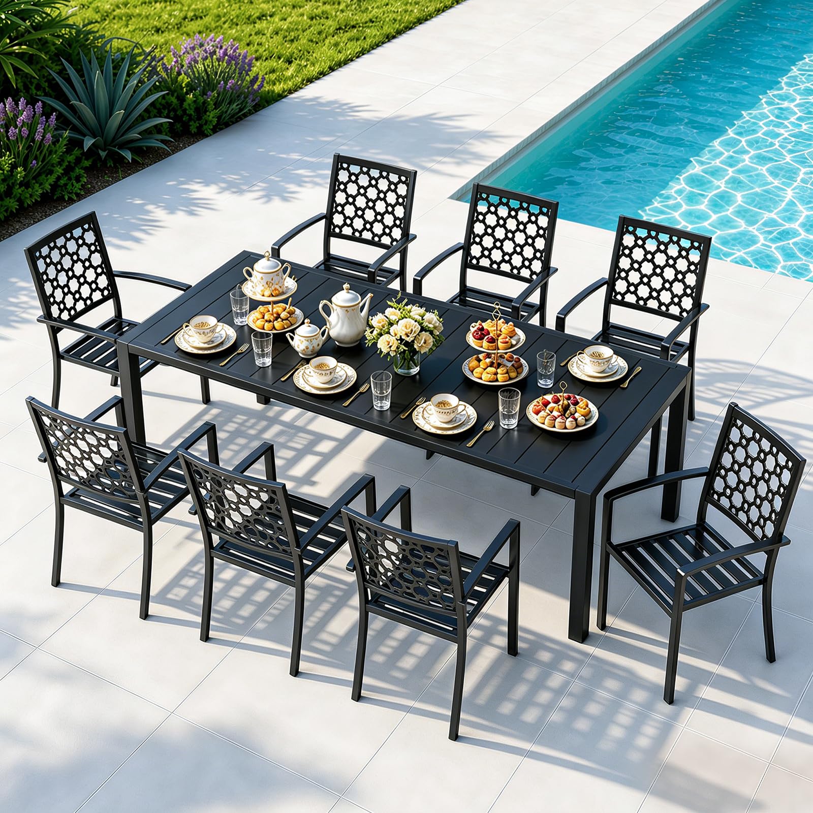 MEOOEM Expandable Patio Dining Table for 8, 78.8" Large Long Adjustable Rectangular Outdoor Table for 4-8 Person, 500LBS Sturdy Black Metal Extendable Patio Table for Outside,Garden, Lawn, Backyard