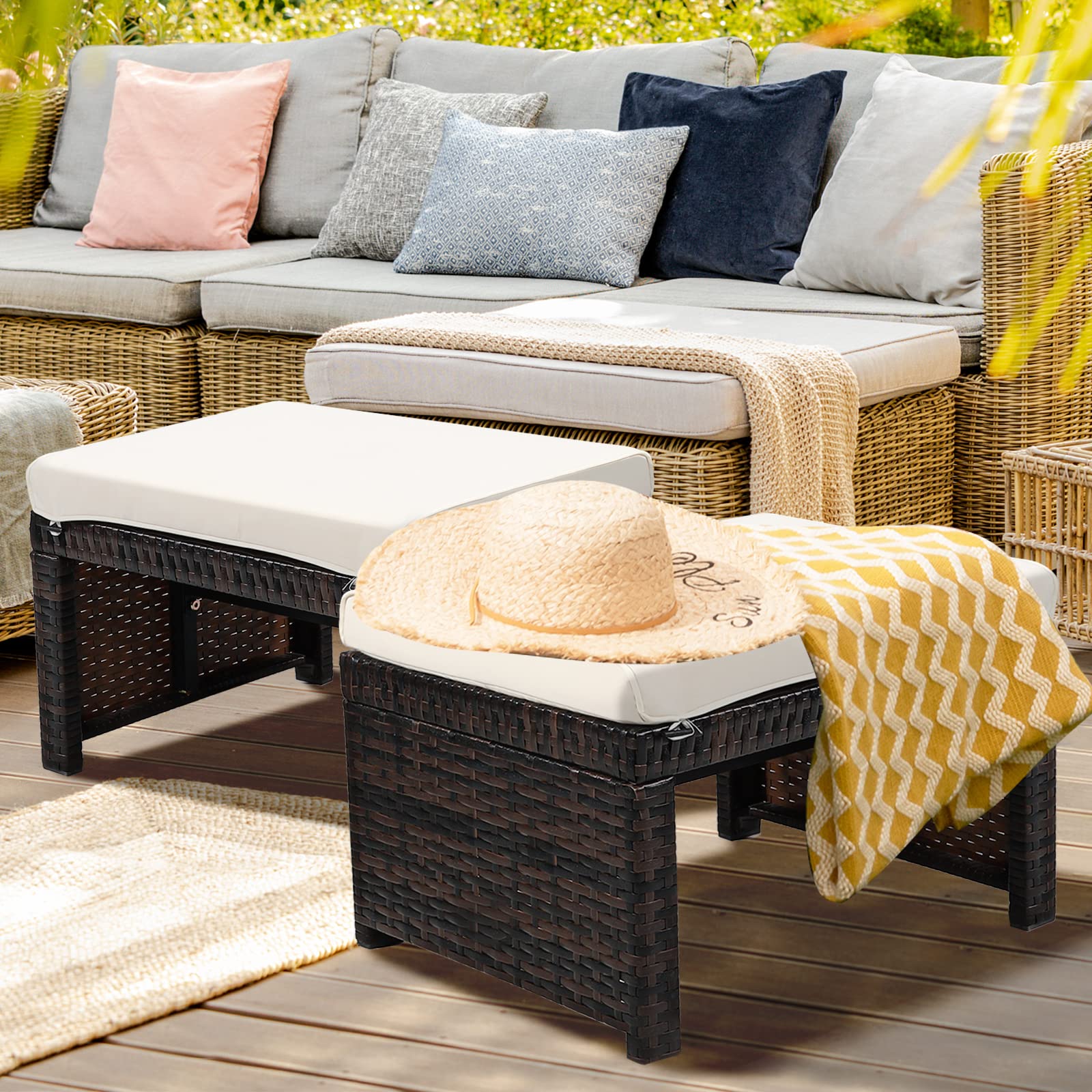 2-Piece Outdoor Rattan Ottoman Set with Cushions