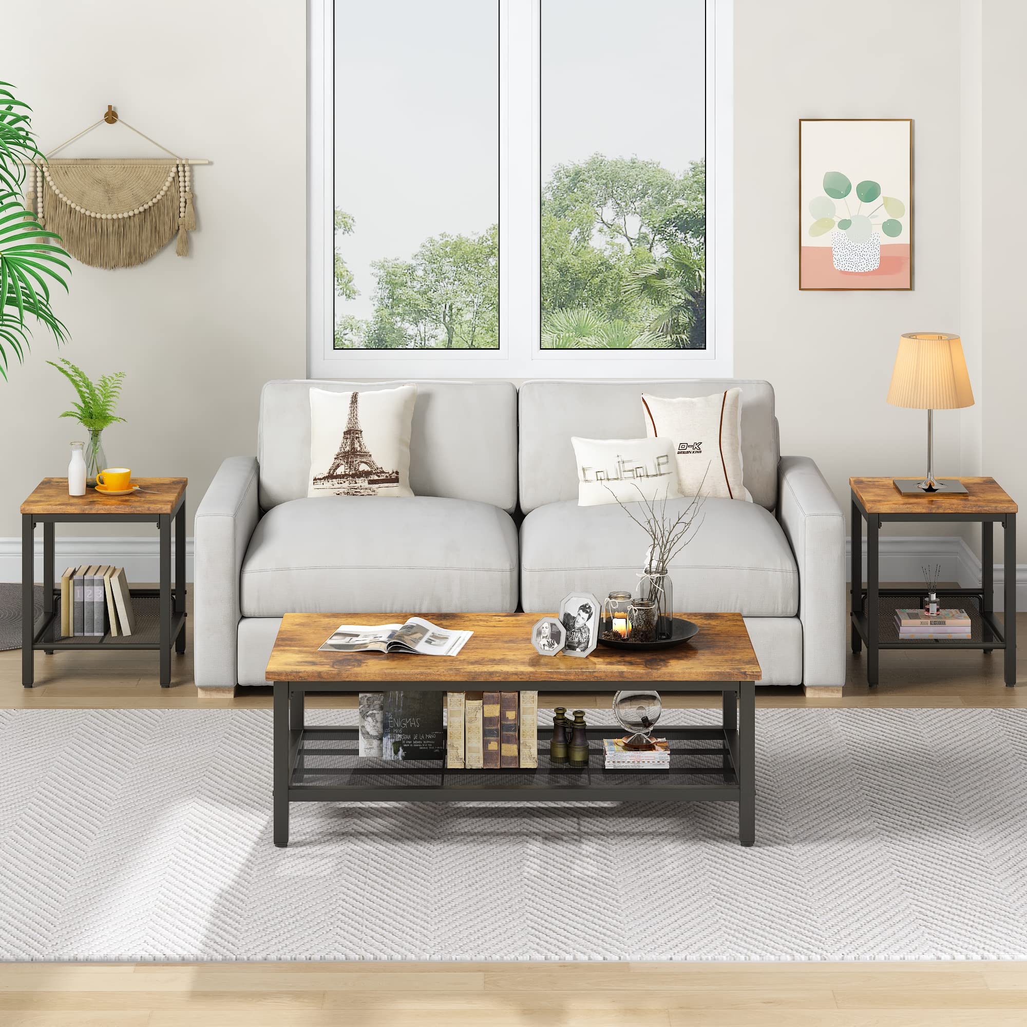 3-Piece Coffee & End Table Set with Metal Frame